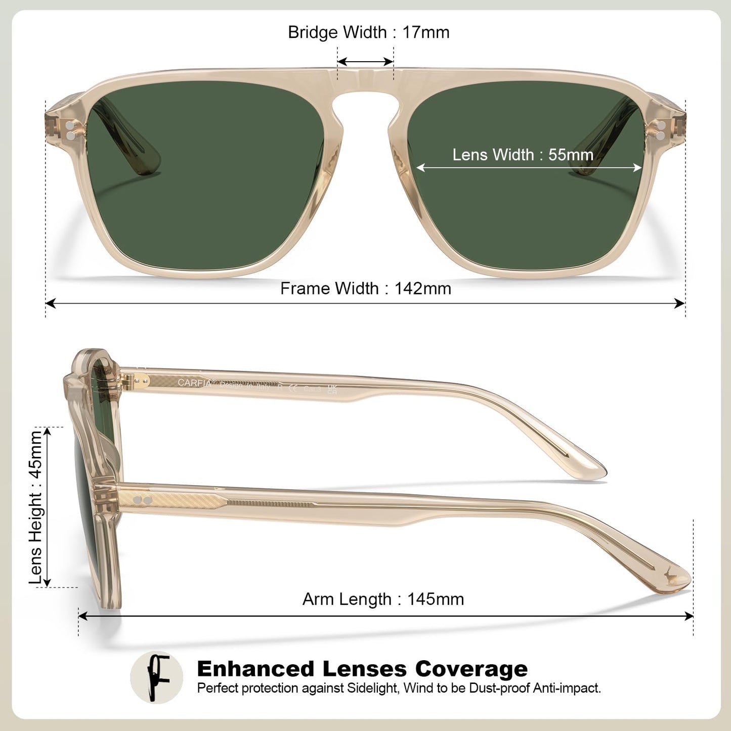 CARFIA Acetate Polarized Men's Sunglasses - Pilot Design, UV Protection CA5355
