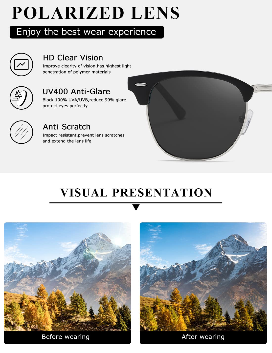 AEVOGUE Polarized Sunglasses For Women And Men Semi Rimless Frame Retro Sun Glasses AE0369