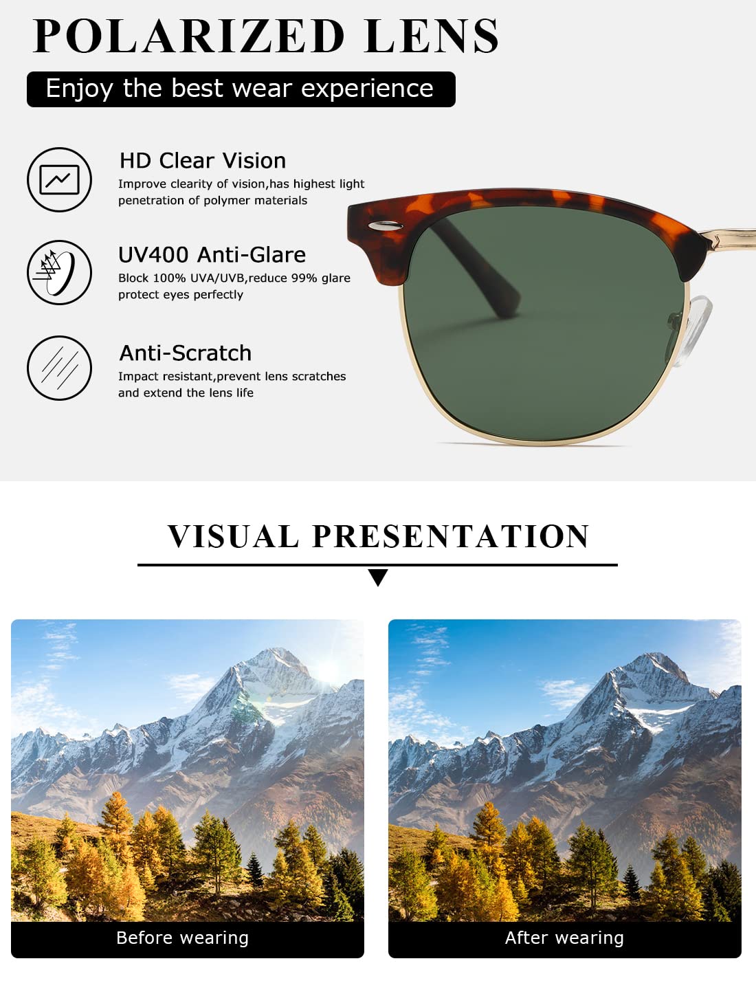 AEVOGUE Polarized Sunglasses For Women And Men Semi Rimless Frame Retro Sun Glasses AE0369