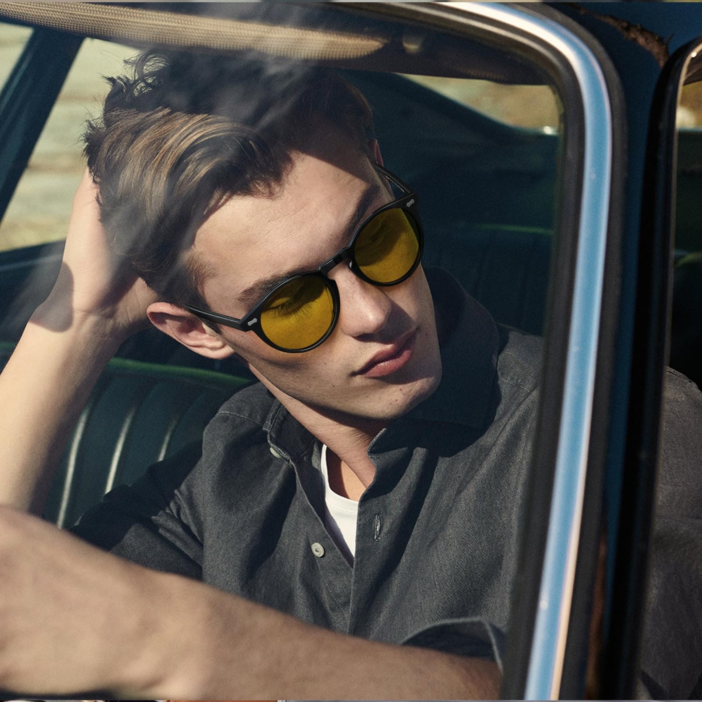 CARFIA Acetate Men's Nighttime Driving Glasses, Retro Round Frame Night Vision Goggles, Reduce Headlight Glare Ehance Clarity