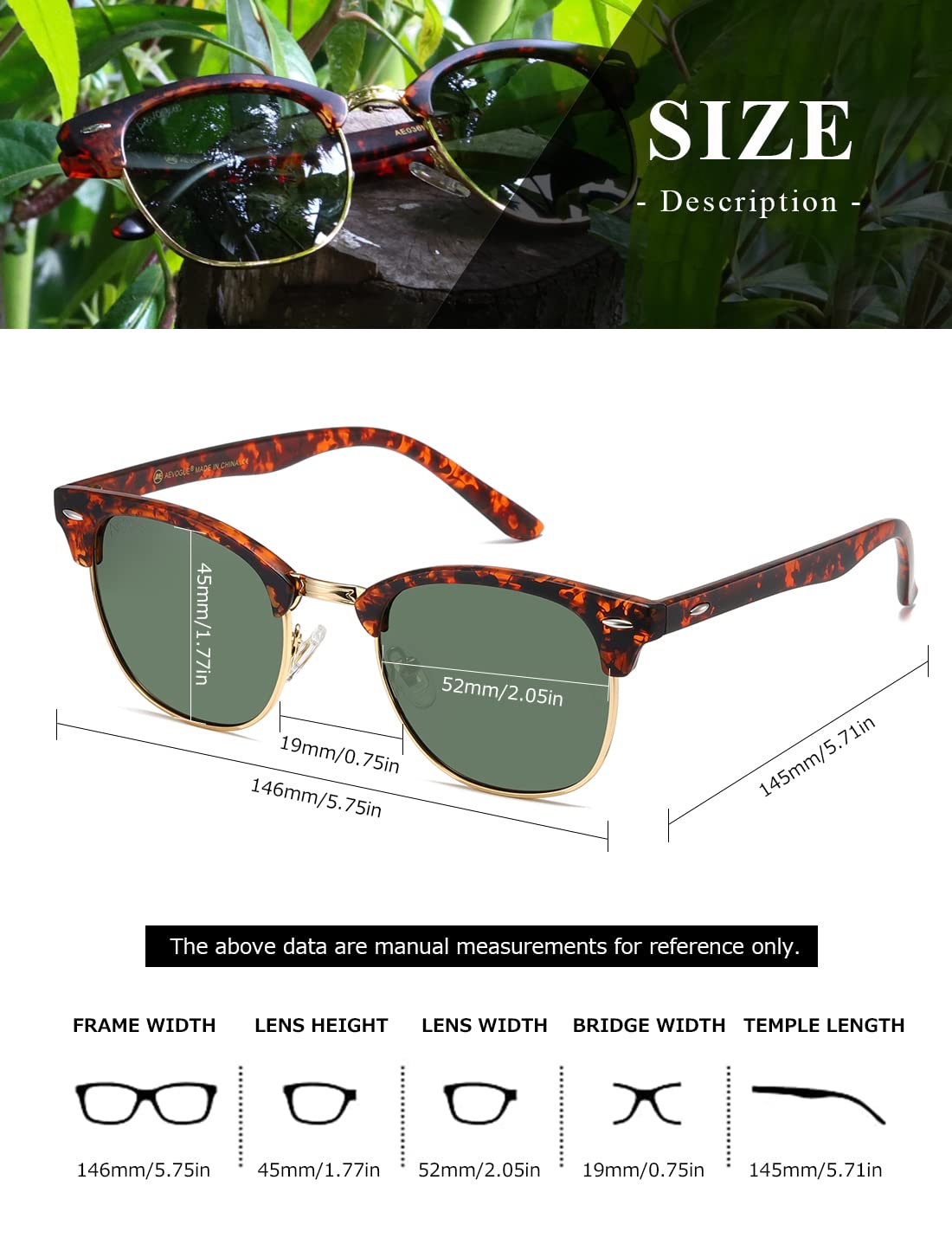 AEVOGUE Polarized Sunglasses For Women And Men Semi Rimless Frame Retro Sun Glasses AE0369