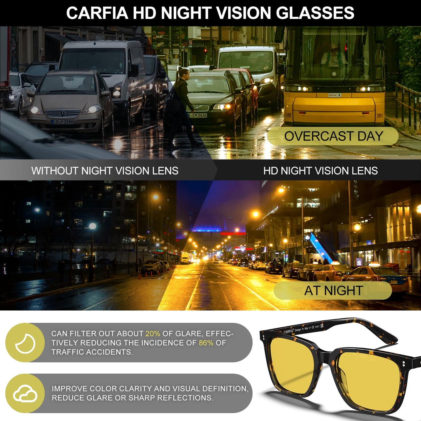 CARFIA Acetate Polarized Night Vision Glasses for Men, Nighttime Yellow Lenses Safety Driving Sunglasses, UV400 Protection