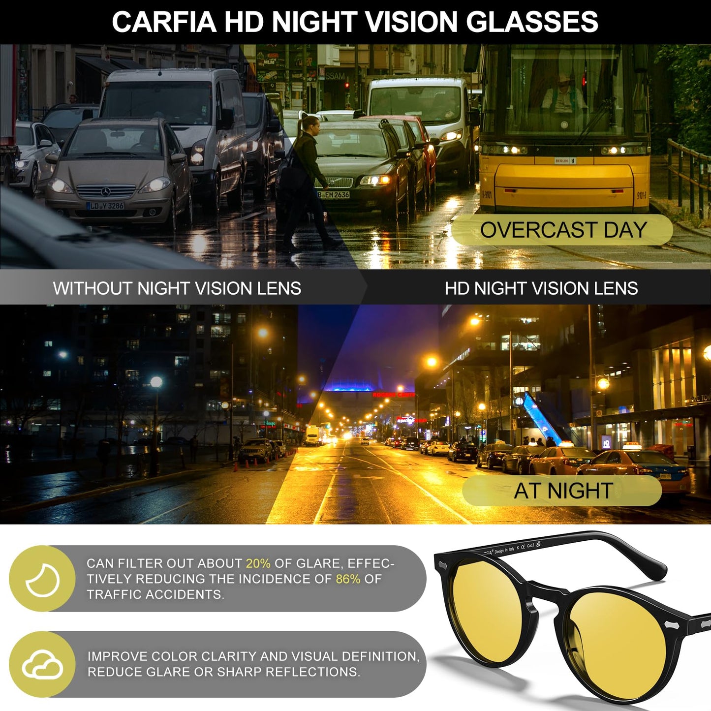 CARFIA Acetate Men's Nighttime Driving Glasses, Retro Round Frame Night Vision Goggles, Reduce Headlight Glare Ehance Clarity