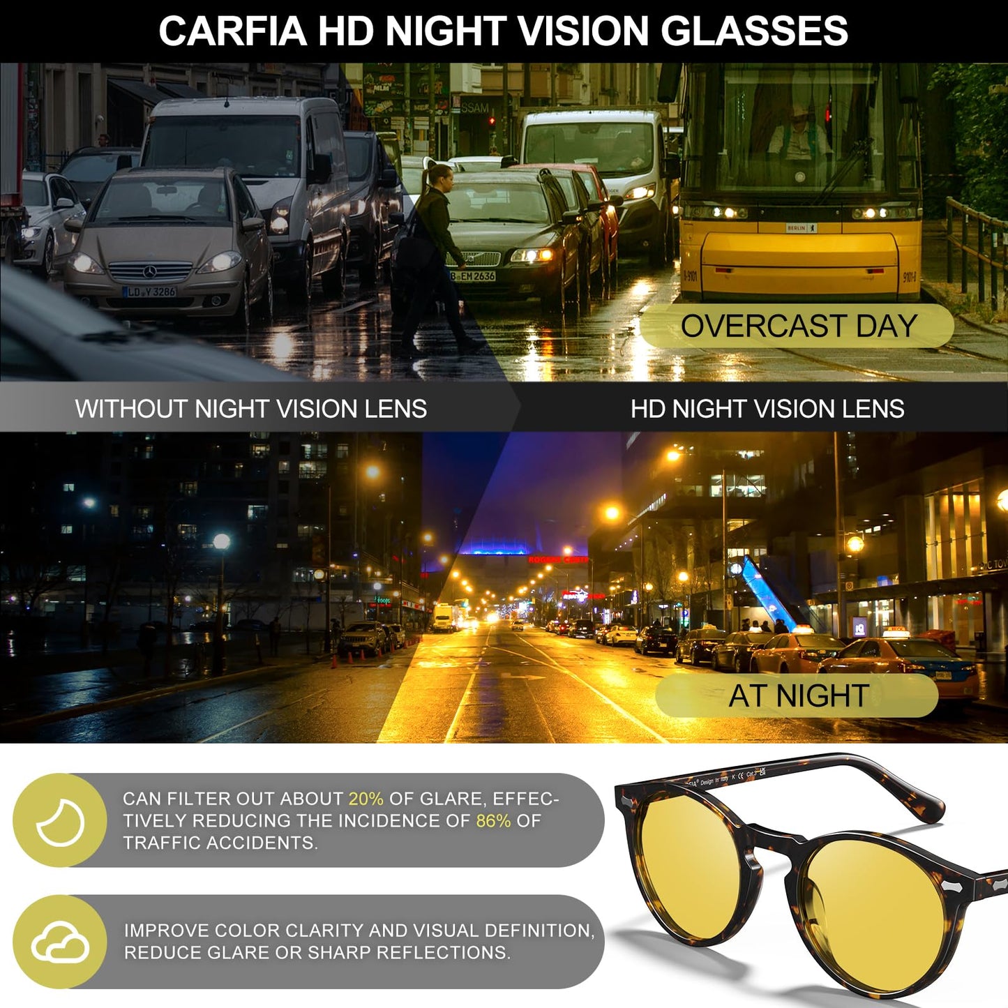 CARFIA Acetate Men's Nighttime Driving Glasses, Retro Round Frame Night Vision Goggles, Reduce Headlight Glare Ehance Clarity