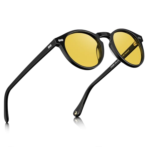 CARFIA Acetate Men's Nighttime Driving Glasses, Retro Round Frame Night Vision Goggles, Reduce Headlight Glare Ehance Clarity