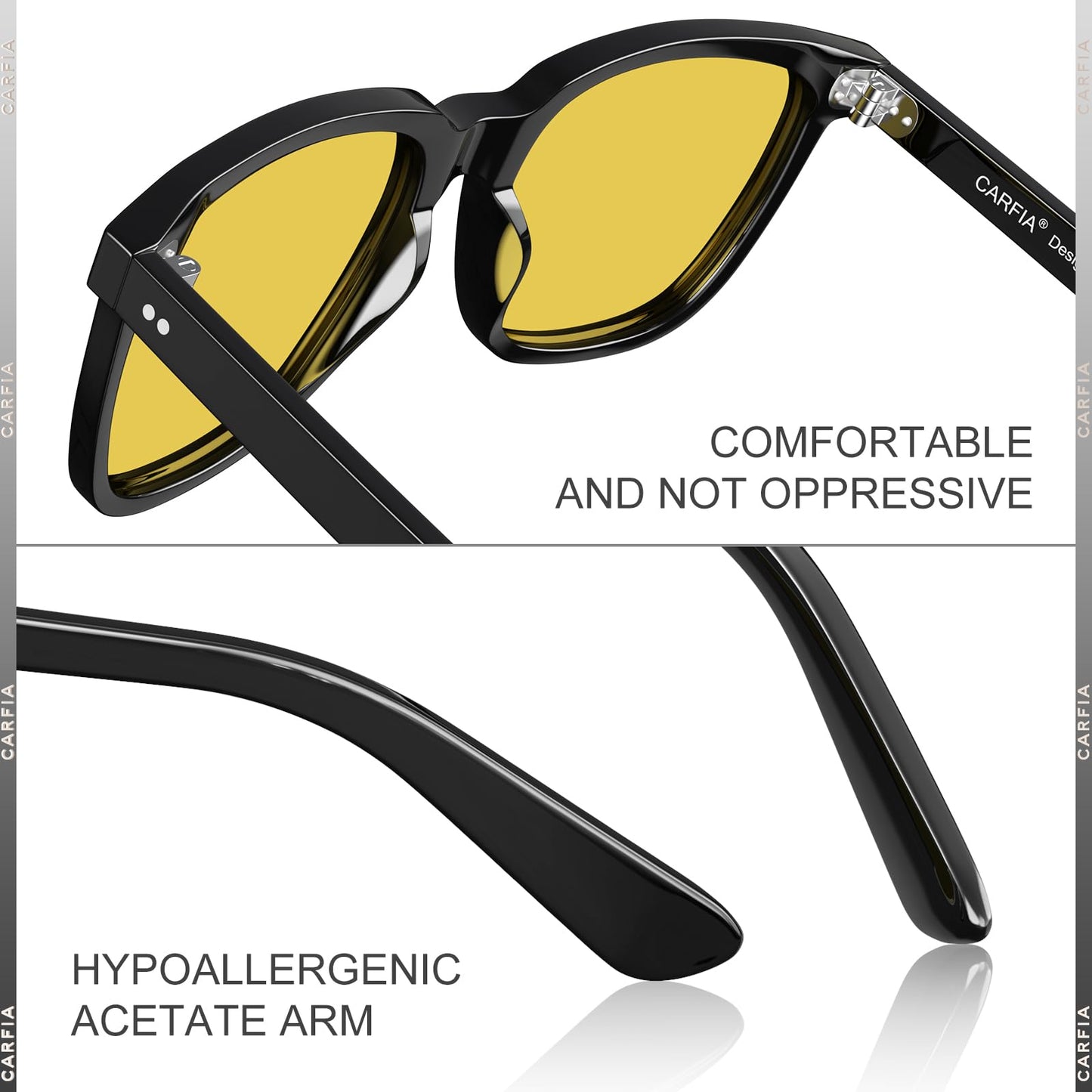 CARFIA Acetate Polarized Night Vision Glasses for Men, Nighttime Yellow Lenses Safety Driving Sunglasses, UV400 Protection