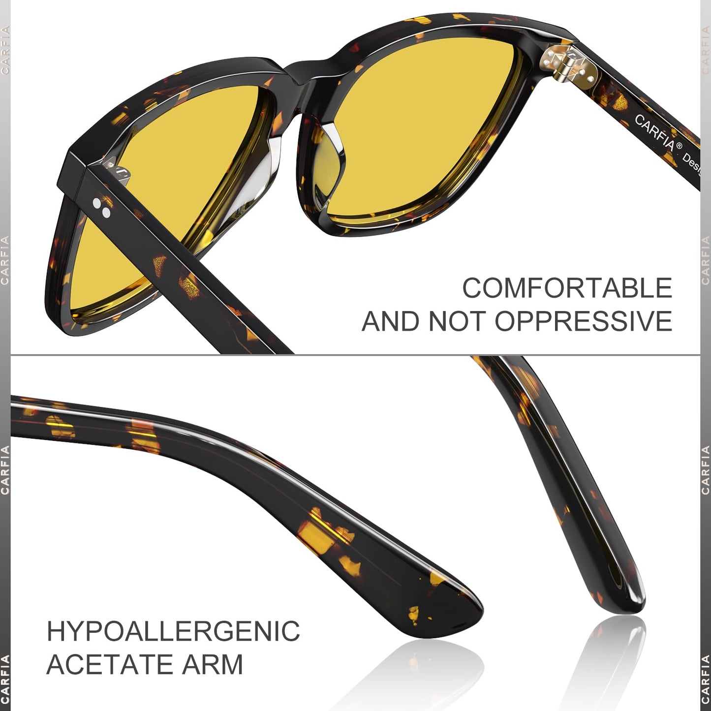 CARFIA Acetate Polarized Night Vision Glasses for Men, Nighttime Yellow Lenses Safety Driving Sunglasses, UV400 Protection