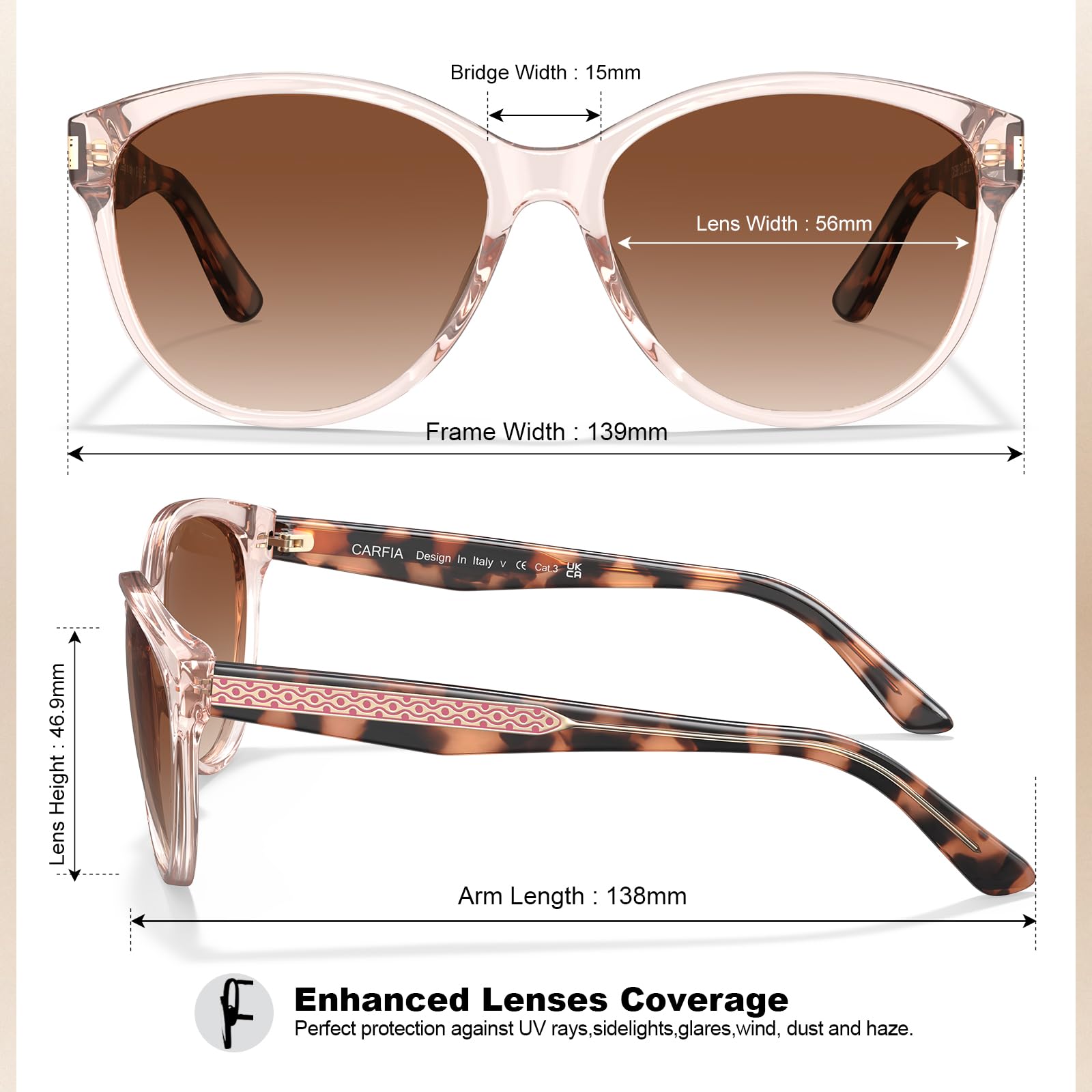 CARFIA Cateye Polarized Sunglasses for Women UV Protection, Italy Handcrafted Acetate Frame with Embossed Pattern Wire Core
