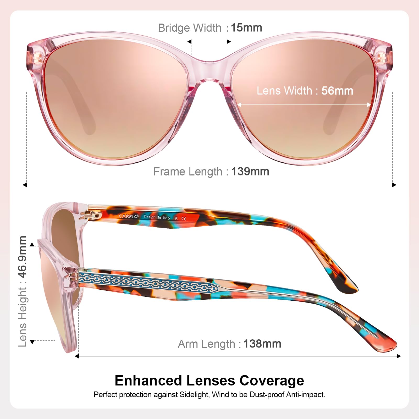 CARFIA Cateye Polarized Sunglasses for Women UV Protection, Italy Handcrafted Acetate Frame with Embossed Pattern Wire Core