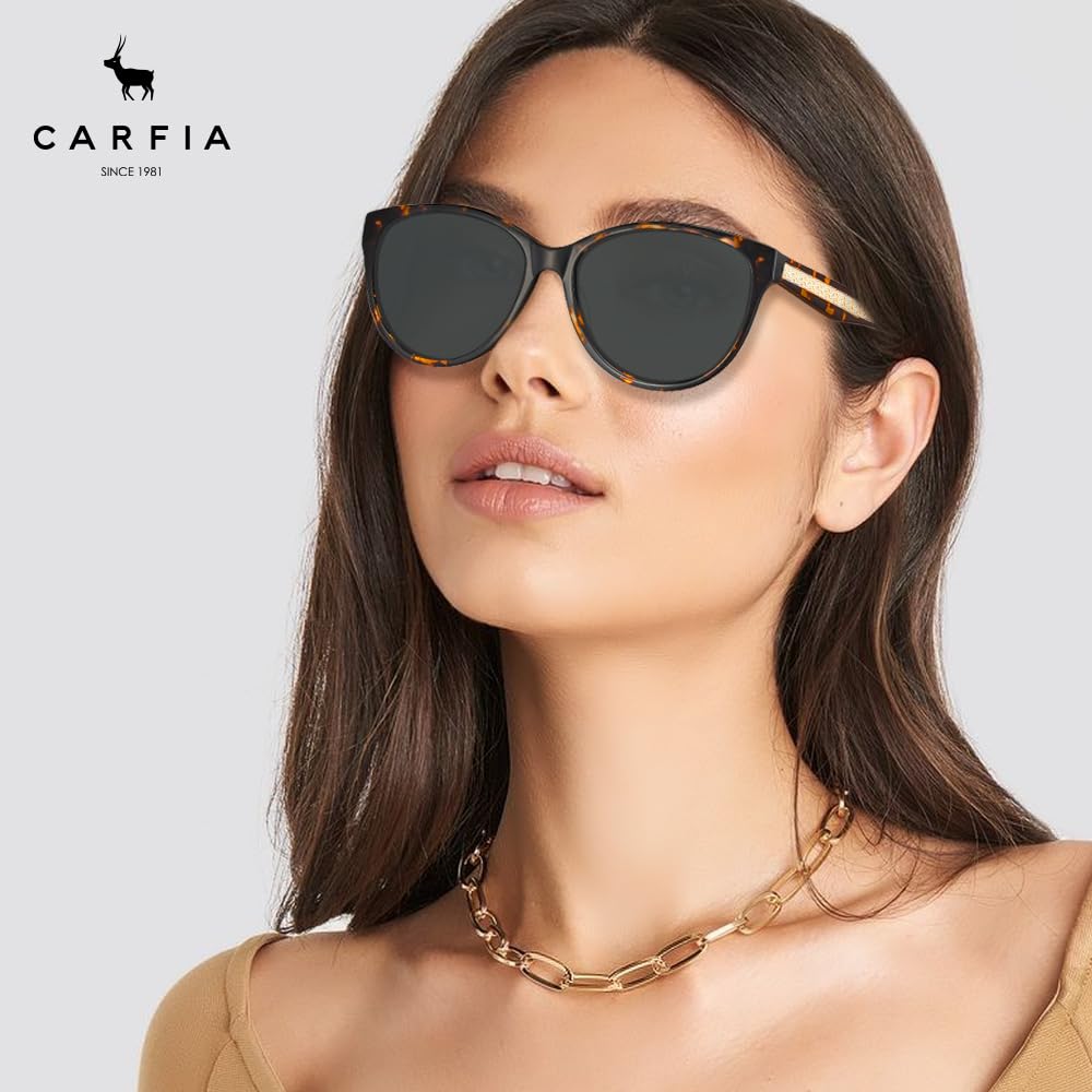CARFIA Cateye Polarized Sunglasses for Women UV Protection, Italy Handcrafted Acetate Frame with Embossed Pattern Wire Core
