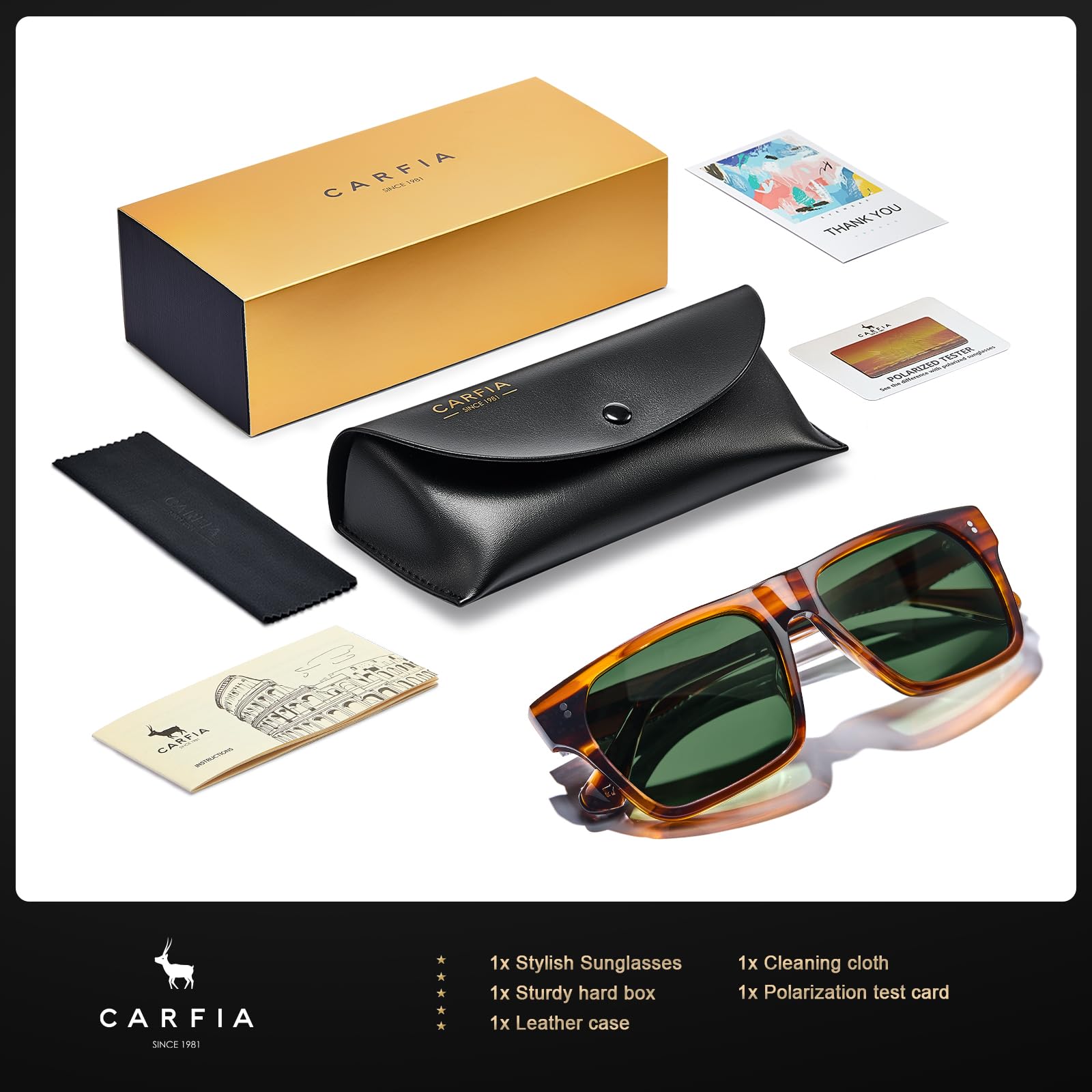CARFIA Acetate Sunglasses for Men Polarized UV400 Protection Modern Flat Large Wrap Square Driving Glasses
