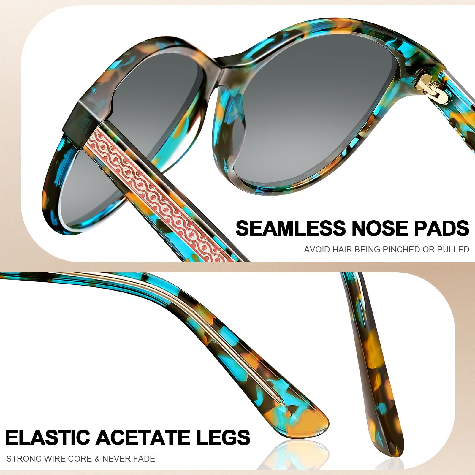 CARFIA Cateye Polarized Sunglasses for Women UV Protection, Italy Handcrafted Acetate Frame with Embossed Pattern Wire Core