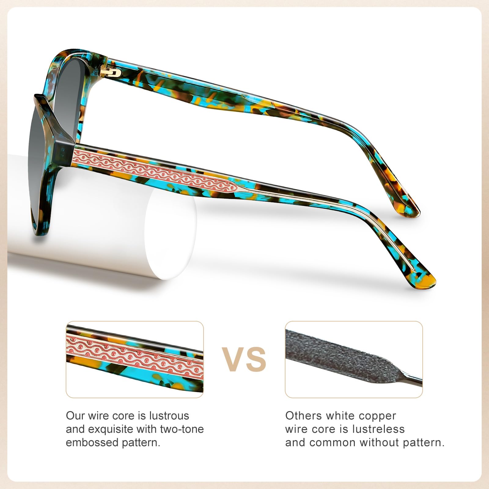 CARFIA Cateye Polarized Sunglasses for Women UV Protection, Italy Handcrafted Acetate Frame with Embossed Pattern Wire Core