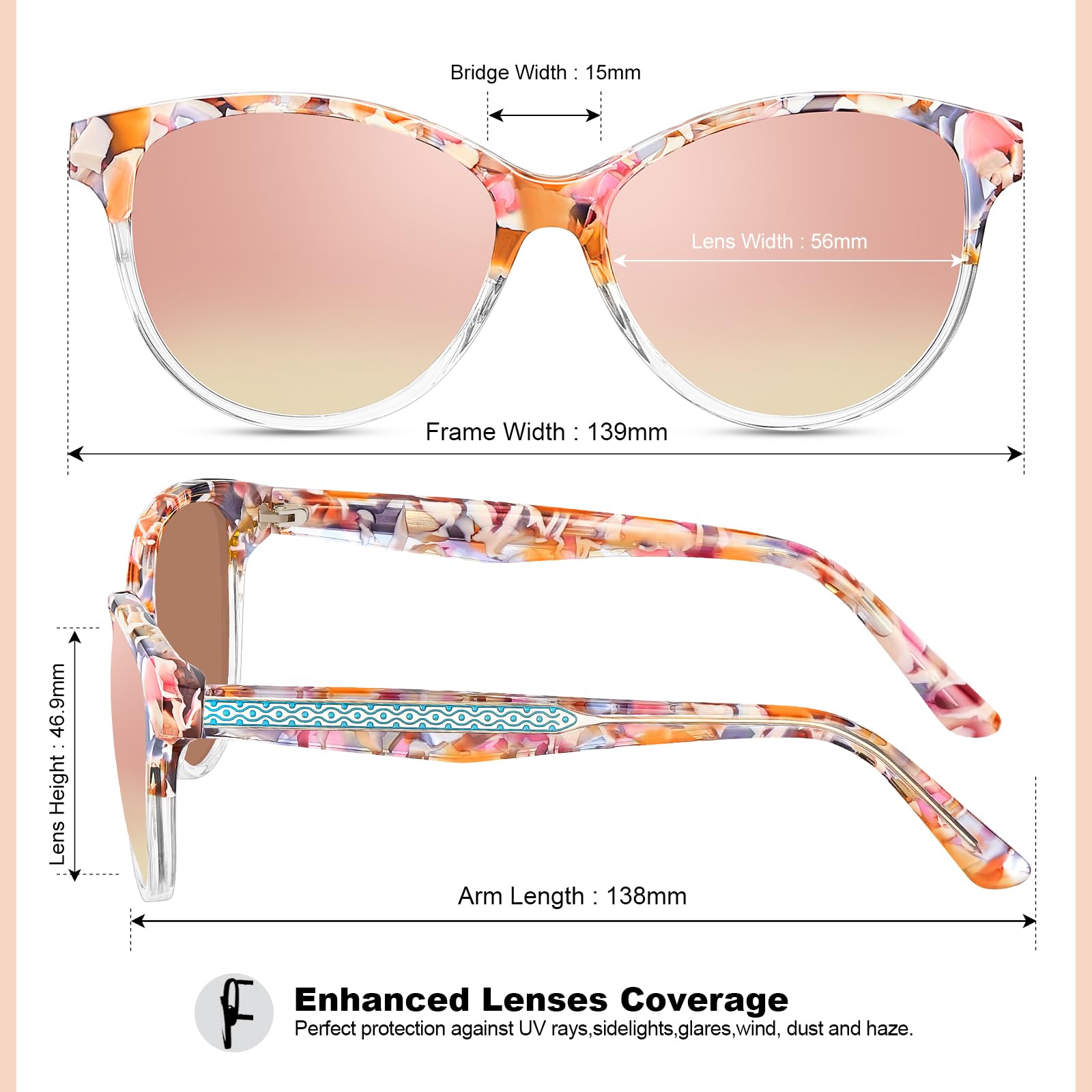 CARFIA Cateye Polarized Sunglasses for Women UV Protection, Italy Handcrafted Acetate Frame with Embossed Pattern Wire Core