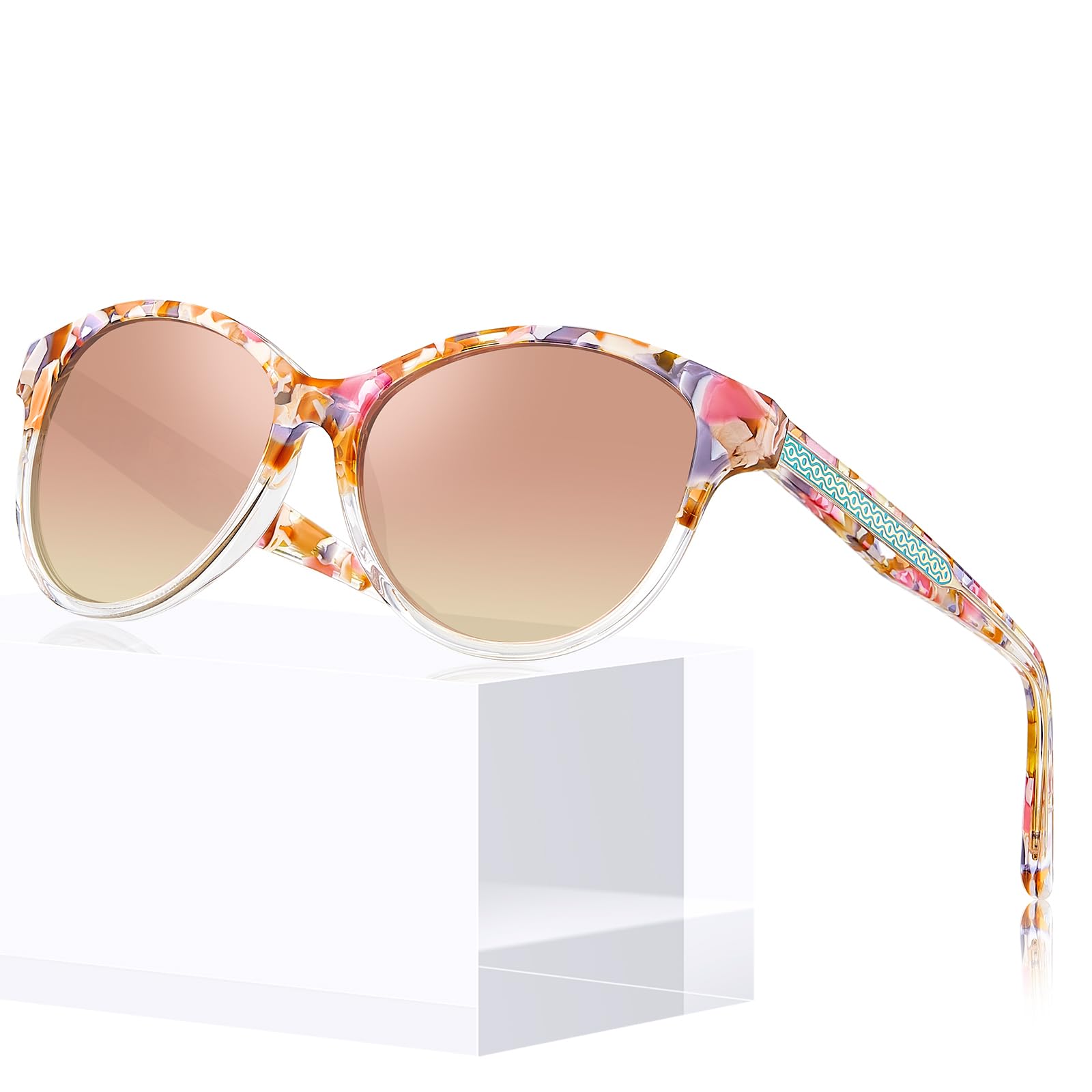 CARFIA Cateye Polarized Sunglasses for Women UV Protection, Italy Handcrafted Acetate Frame with Embossed Pattern Wire Core