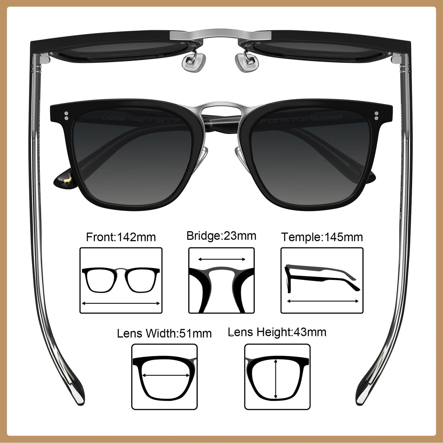 CARFIA Acetate Sunglasses for Men Polarized UV400 Protection CA5107