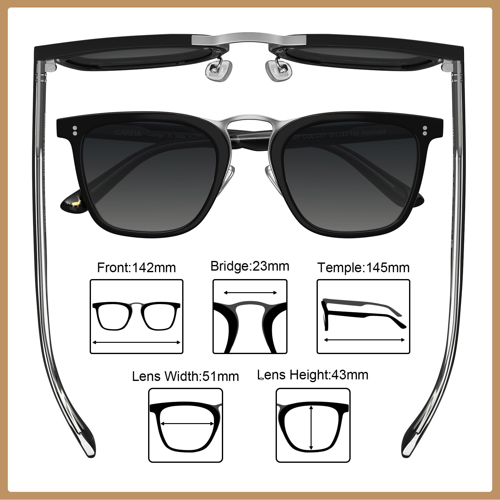 CARFIA Acetate Sunglasses for Men Polarized UV400 Protection CA5107