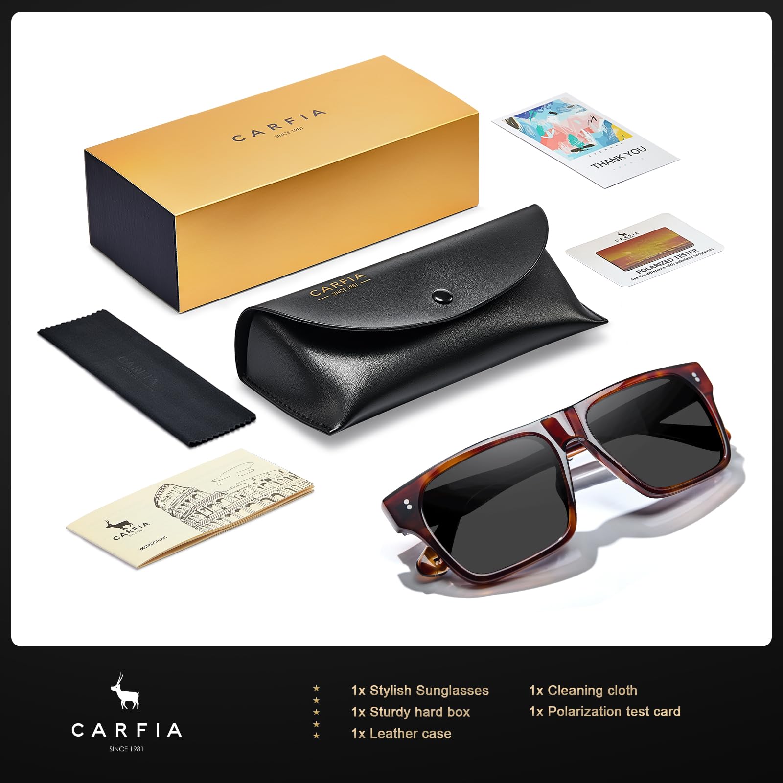 CARFIA Acetate Sunglasses for Men Polarized UV400 Protection Modern Flat Large Wrap Square Driving Glasses