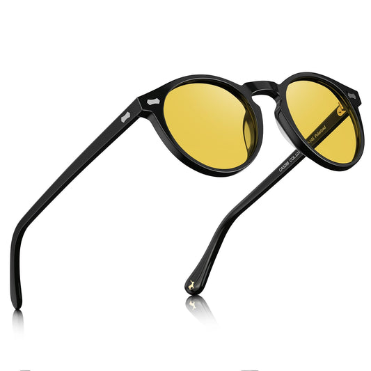 CARFIA Acetate Men's Nighttime Driving Glasses, Retro Round Frame Night Vision Goggles, Reduce Headlight Glare Ehance Clarity