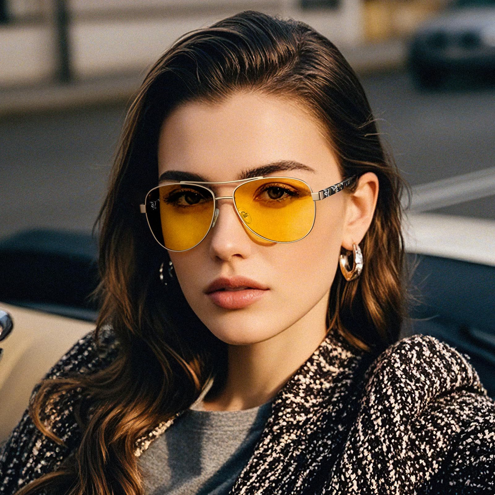CARFIA Pilot Night Driving Glasses for Women Men, Trendy Night Vision Goggles Reduce Glare, Enhance Clarity for Safety CA3216