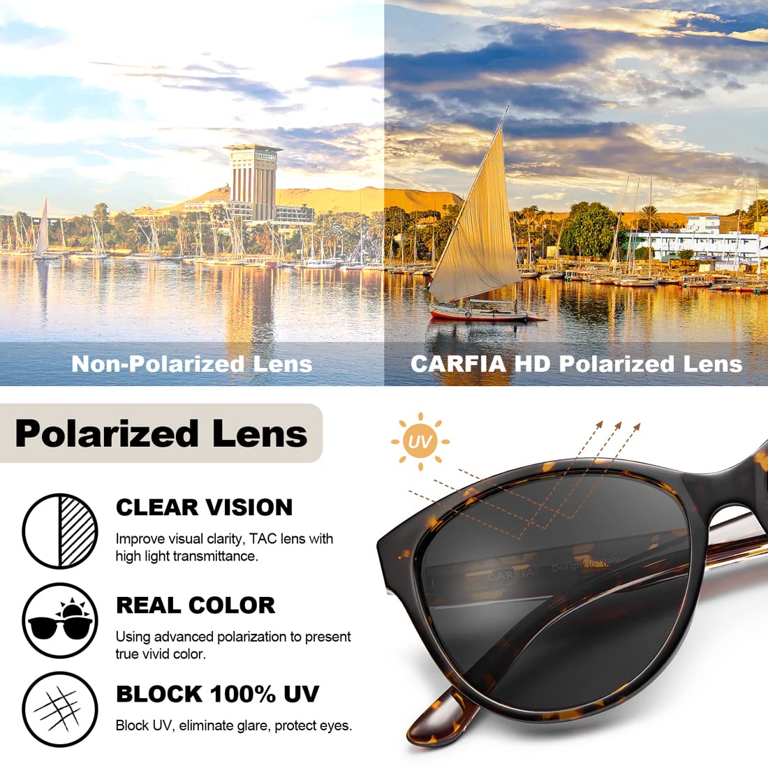 CARFIA Cateye Polarized Sunglasses for Women UV Protection, Italy Handcrafted Acetate Frame with Embossed Pattern Wire Core
