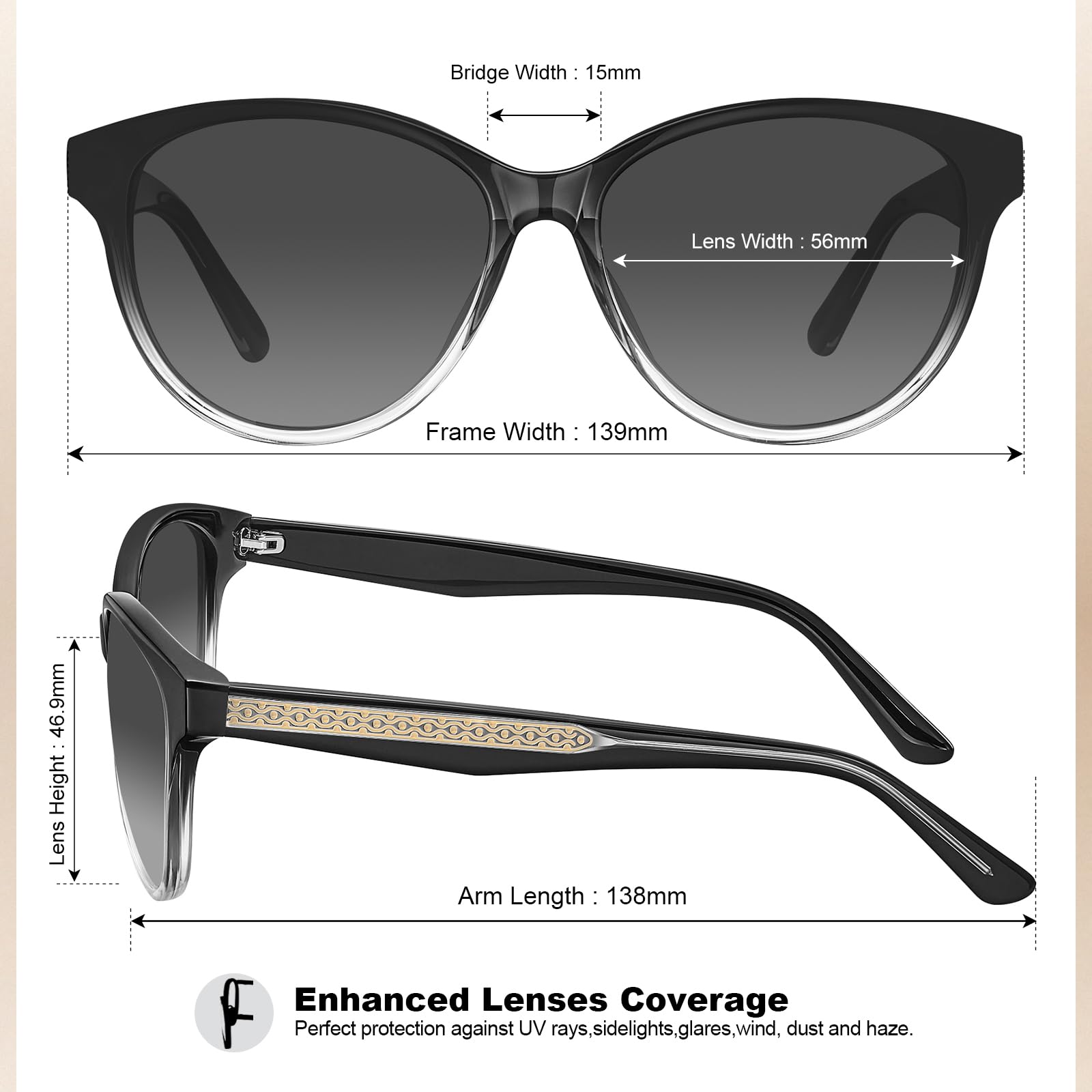CARFIA Cateye Polarized Sunglasses for Women UV Protection, Italy Handcrafted Acetate Frame with Embossed Pattern Wire Core