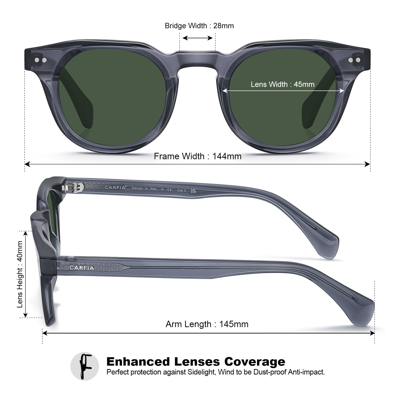 CARFIA Retro Polarized Sunglasses for Men Women UV400 Protection Acetate Small Square Fashion Driving Glasses