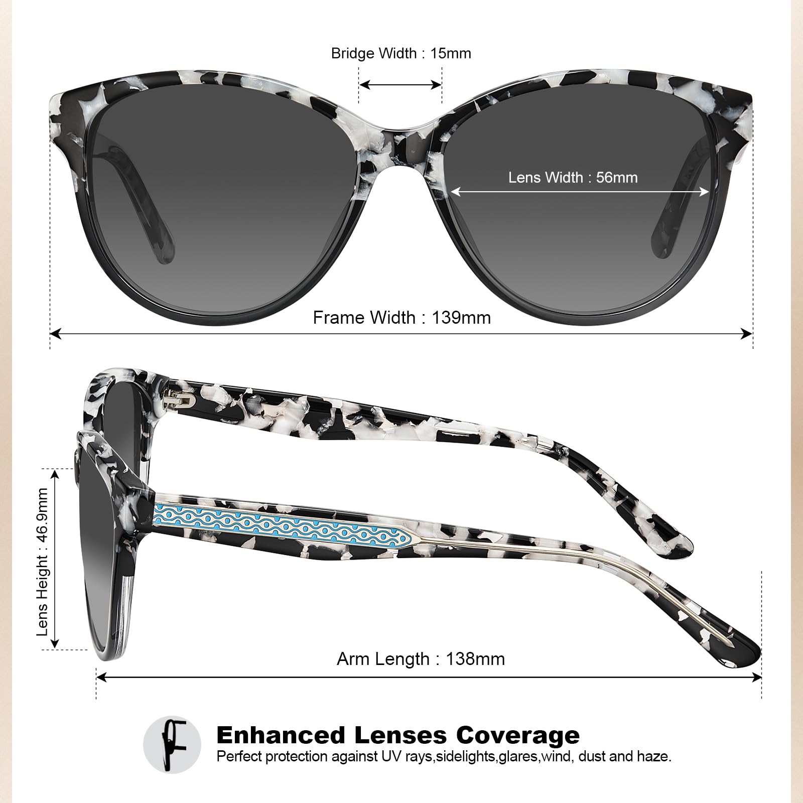 CARFIA Cateye Polarized Sunglasses for Women UV Protection, Italy Handcrafted Acetate Frame with Embossed Pattern Wire Core