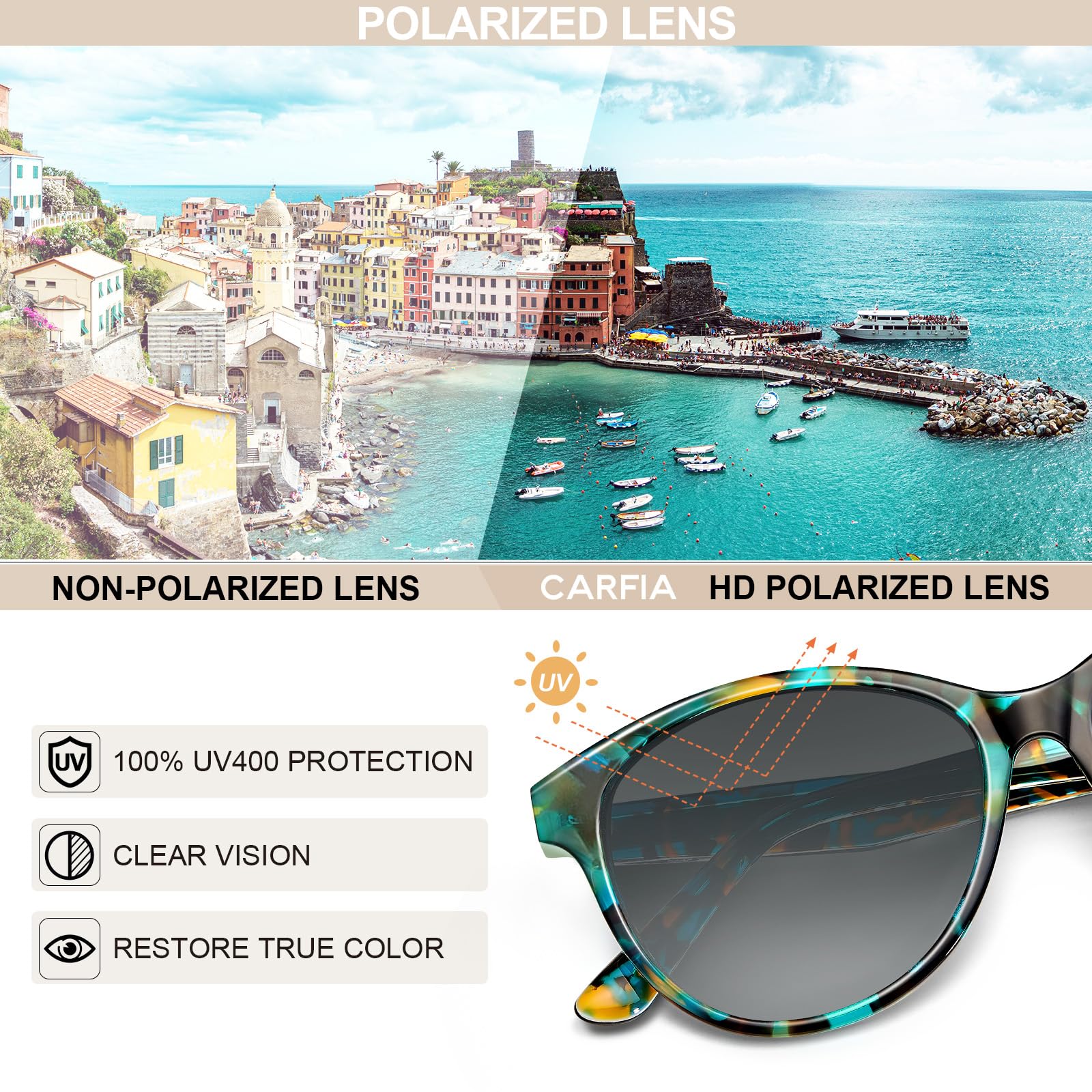 CARFIA Cateye Polarized Sunglasses for Women UV Protection, Italy Handcrafted Acetate Frame with Embossed Pattern Wire Core