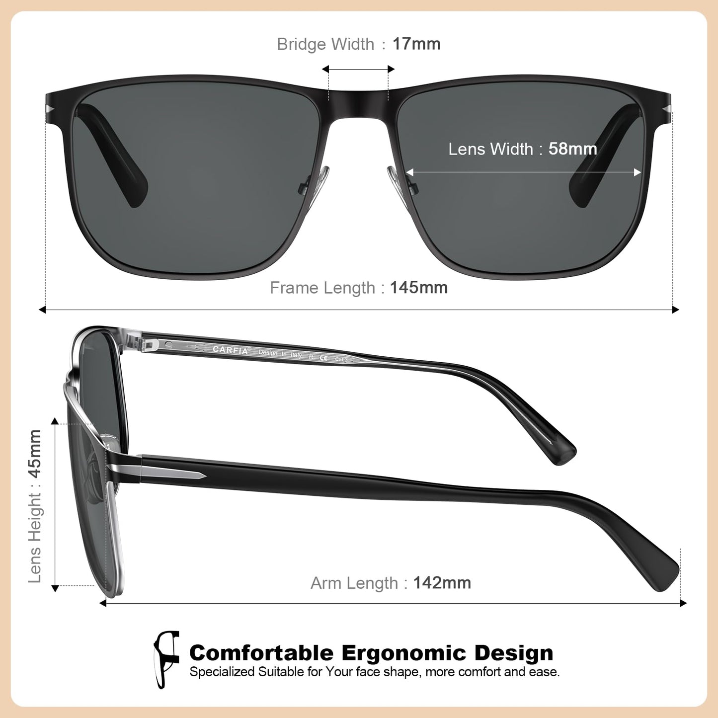 CARFIA Metal Men's Sunglasses Polarized Retro Elites Style, Durable Al-Mg Large Frame, Driving Golf Glasses