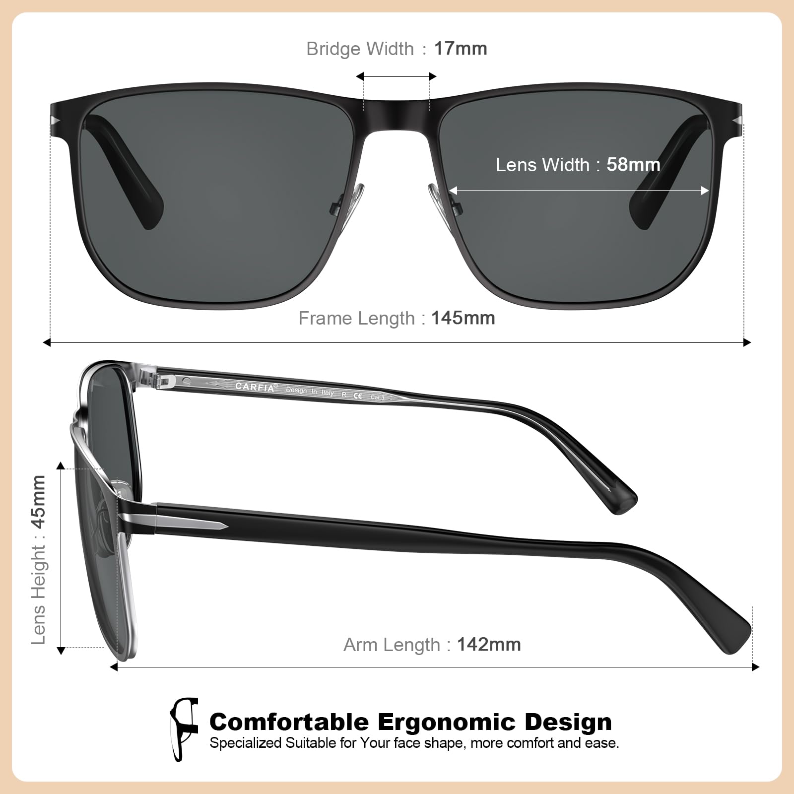 CARFIA Metal Men's Sunglasses Polarized Retro Elites Style, Durable Al-Mg Large Frame, Driving Golf Glasses