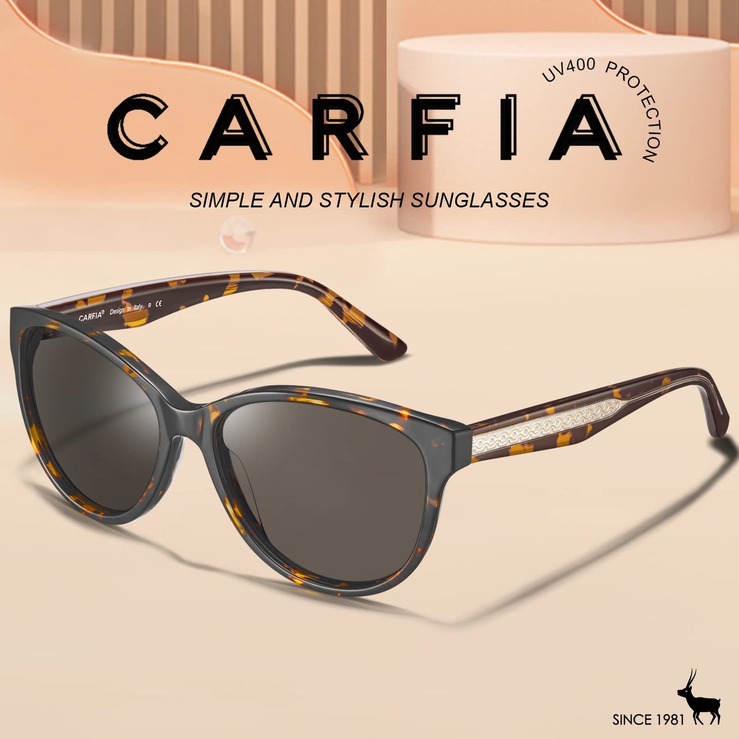 CARFIA Cateye Polarized Sunglasses for Women UV Protection, Italy Handcrafted Acetate Frame with Embossed Pattern Wire Core