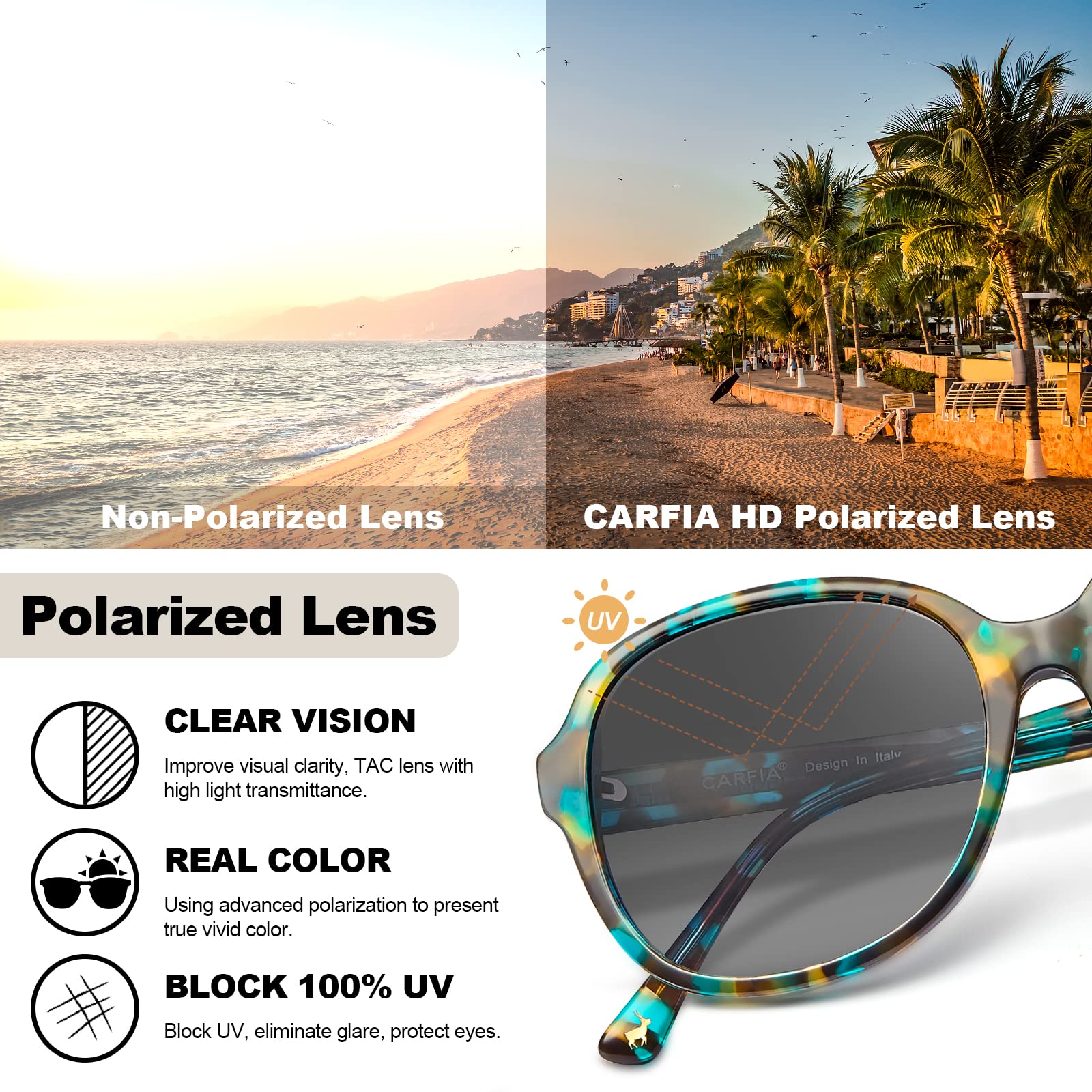 CARFIA Acetate Polarized Sunglasses for Women UV Protection, Retro Fashion Ladies Shades Driving Safety Eyewear