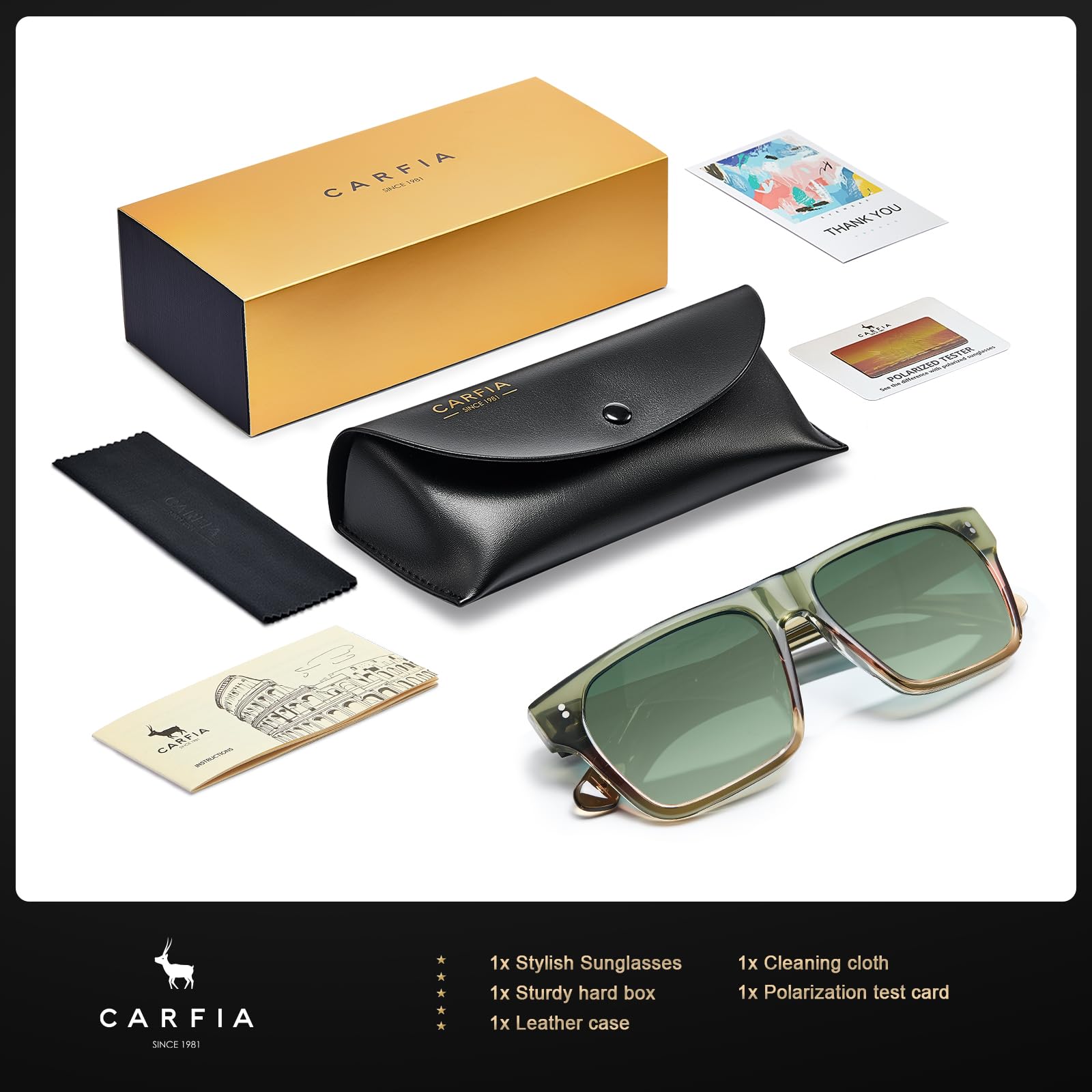 CARFIA Acetate Sunglasses for Men Polarized UV400 Protection Modern Flat Large Wrap Square Driving Glasses