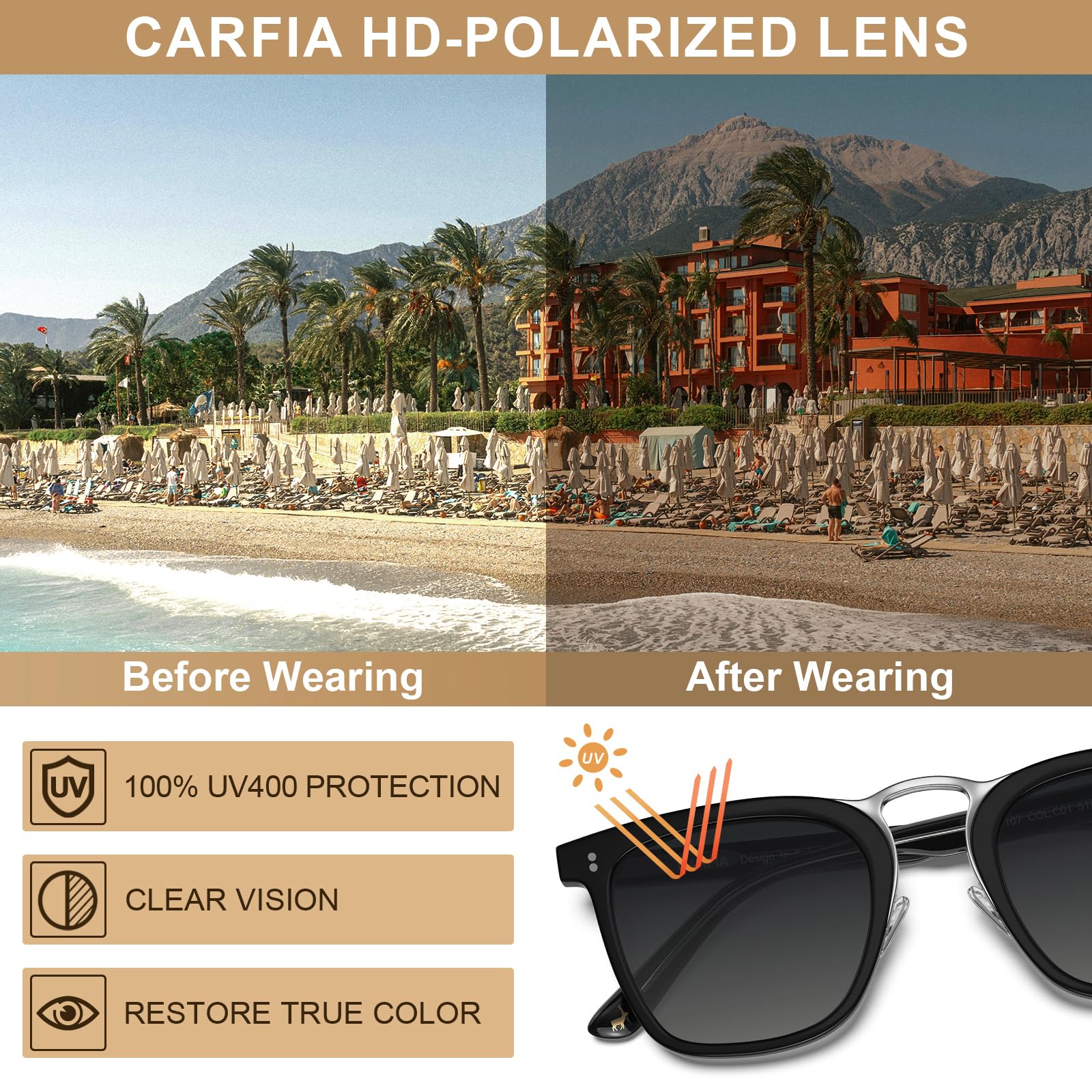 CARFIA Acetate Sunglasses for Men Polarized UV400 Protection CA5107
