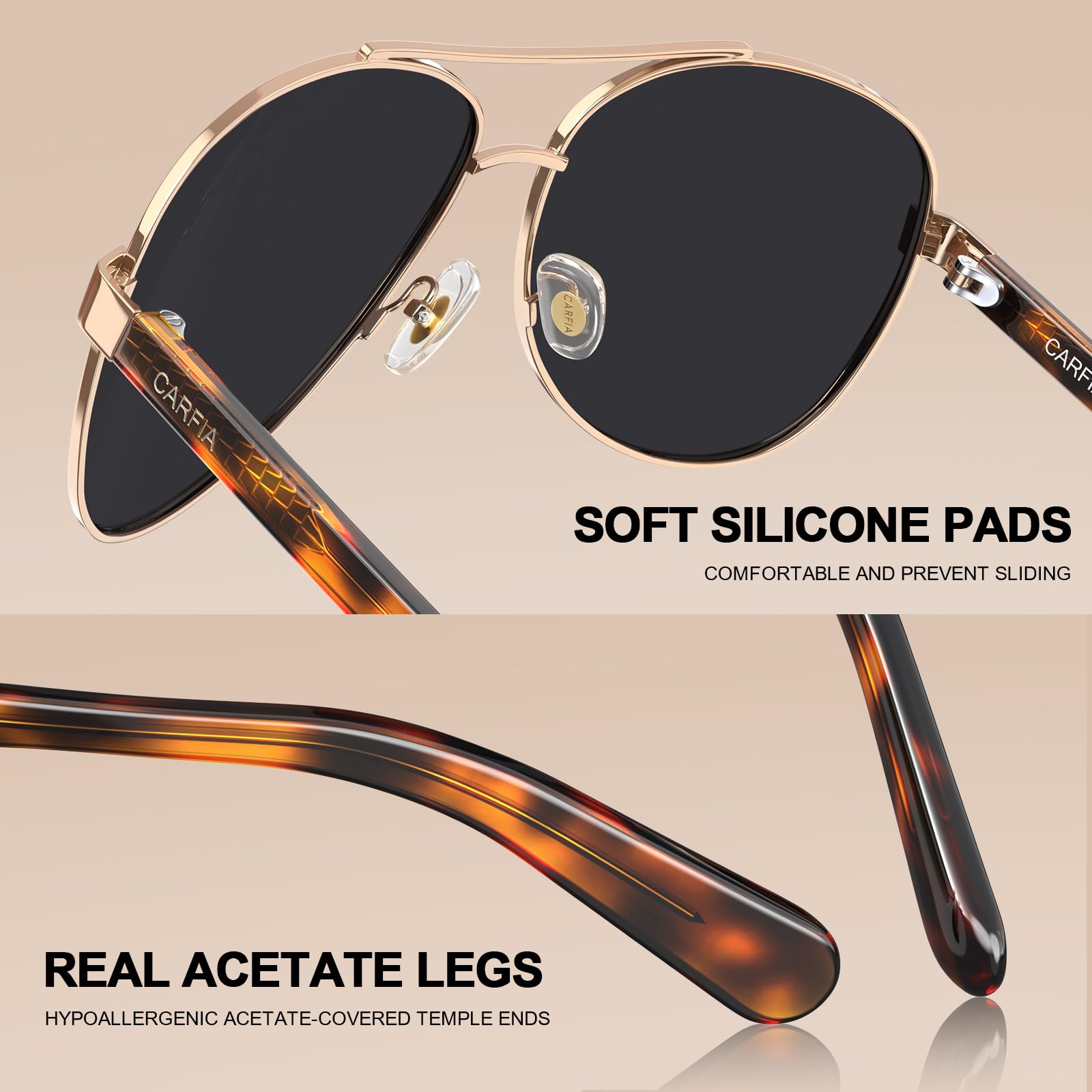CARFIA Pilot Polarized Sunglasses for Men UV400 Protection, Acetate Tortoise Arms CA3216