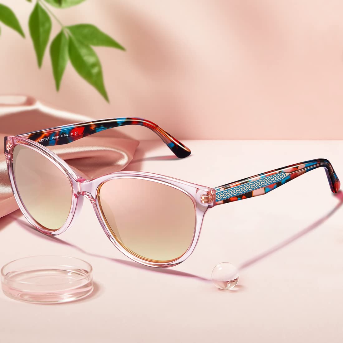 CARFIA Cateye Polarized Sunglasses for Women UV Protection, Italy Handcrafted Acetate Frame with Embossed Pattern Wire Core