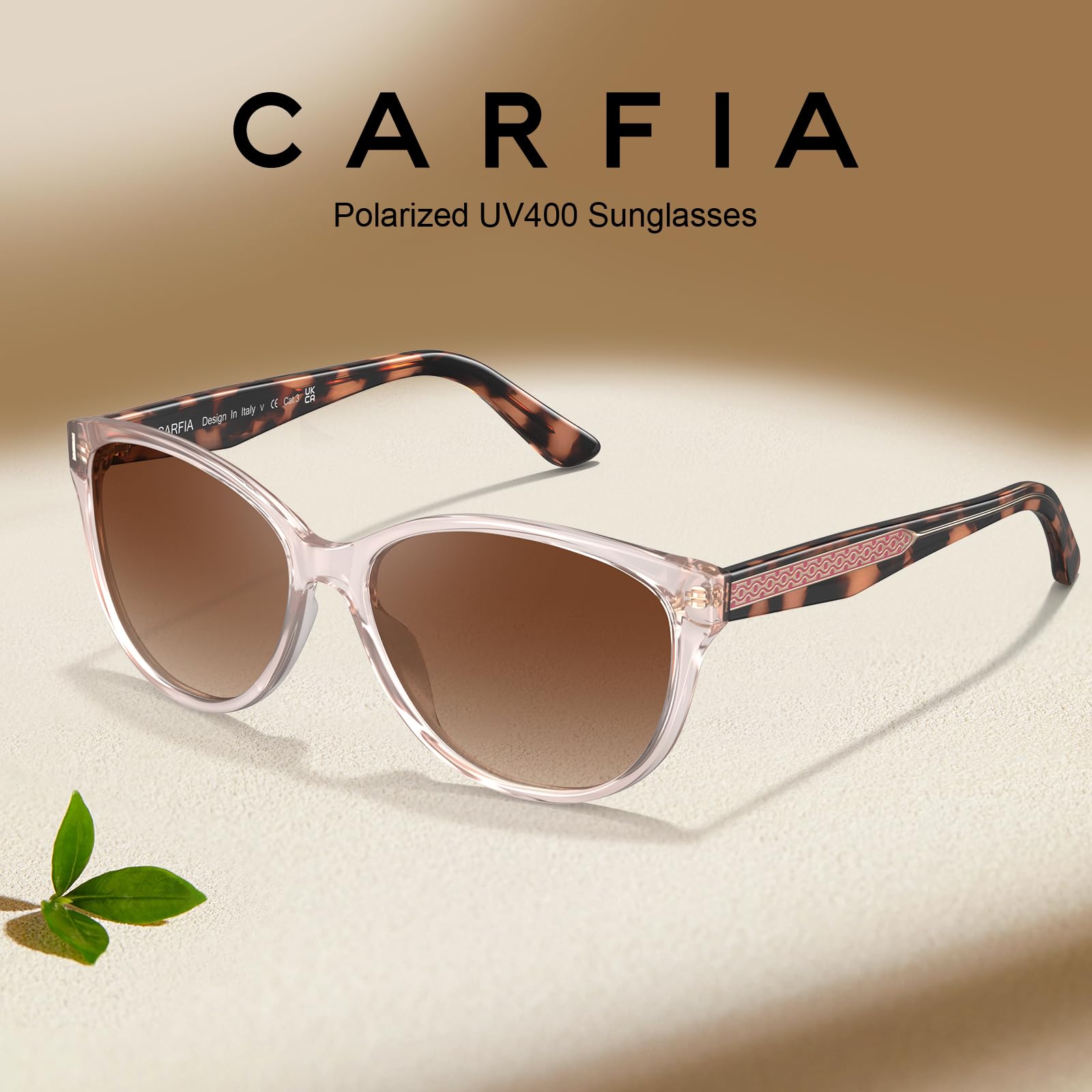 CARFIA Cateye Polarized Sunglasses for Women UV Protection, Italy Handcrafted Acetate Frame with Embossed Pattern Wire Core