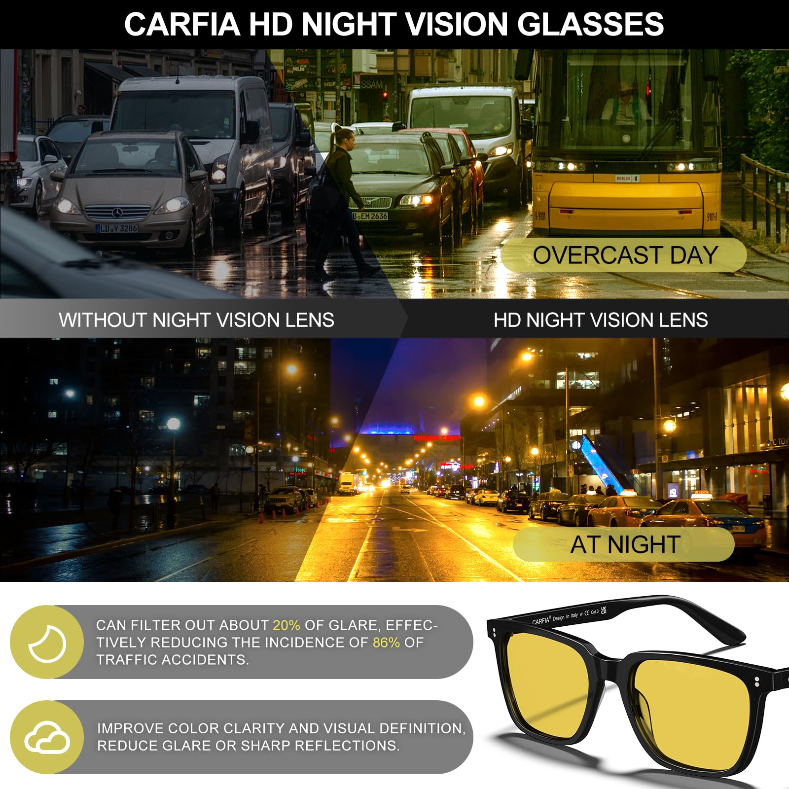 CARFIA Acetate Polarized Night Vision Glasses for Men, Nighttime Yellow Lenses Safety Driving Sunglasses, UV400 Protection