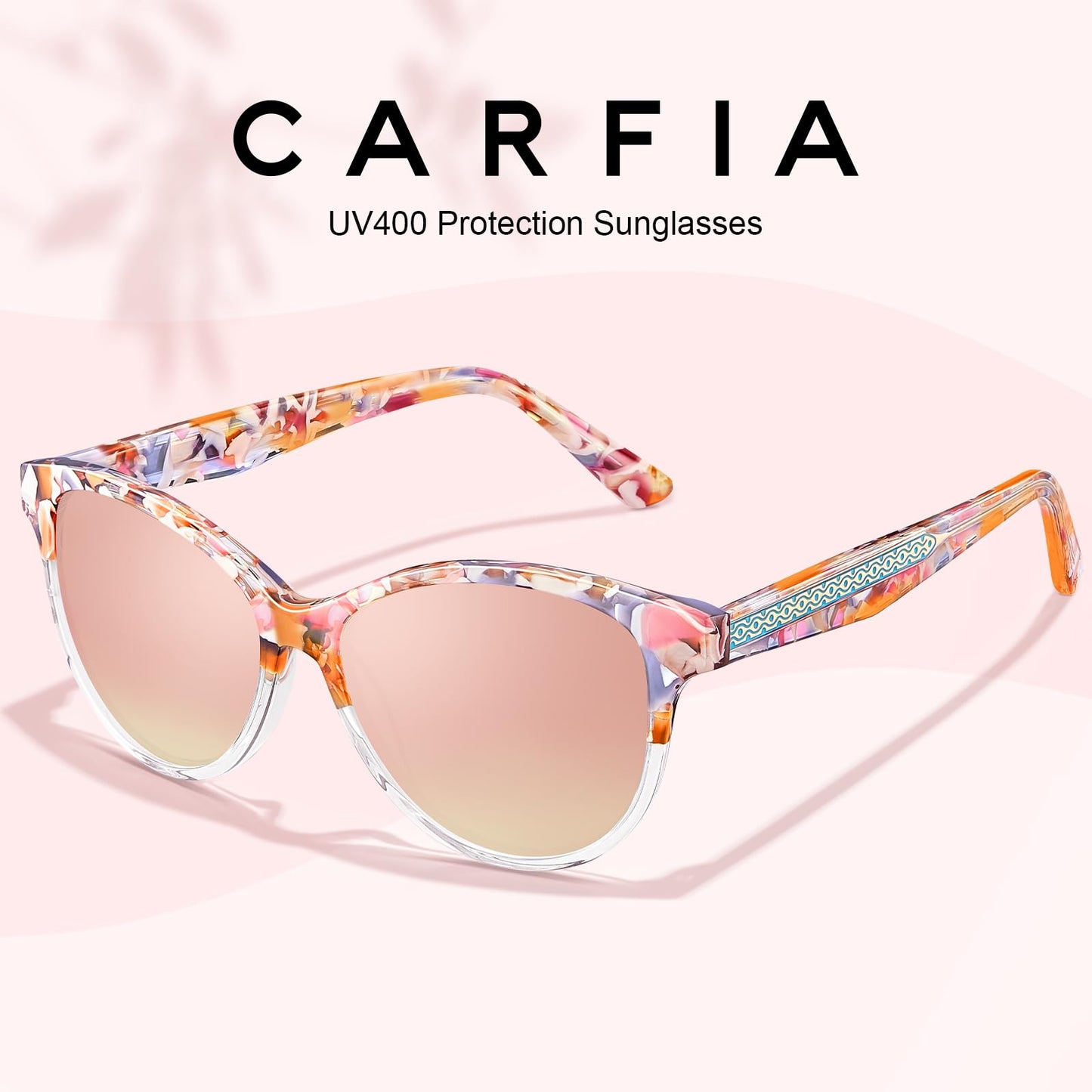 CARFIA Cateye Polarized Sunglasses for Women UV Protection, Italy Handcrafted Acetate Frame with Embossed Pattern Wire Core
