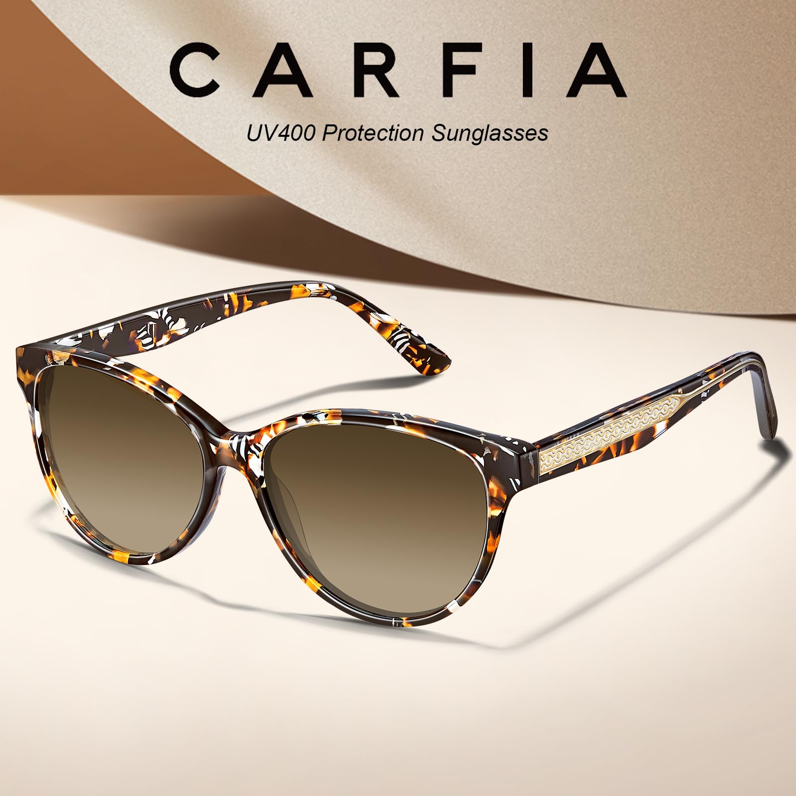 CARFIA Cateye Polarized Sunglasses for Women UV Protection, Italy Handcrafted Acetate Frame with Embossed Pattern Wire Core