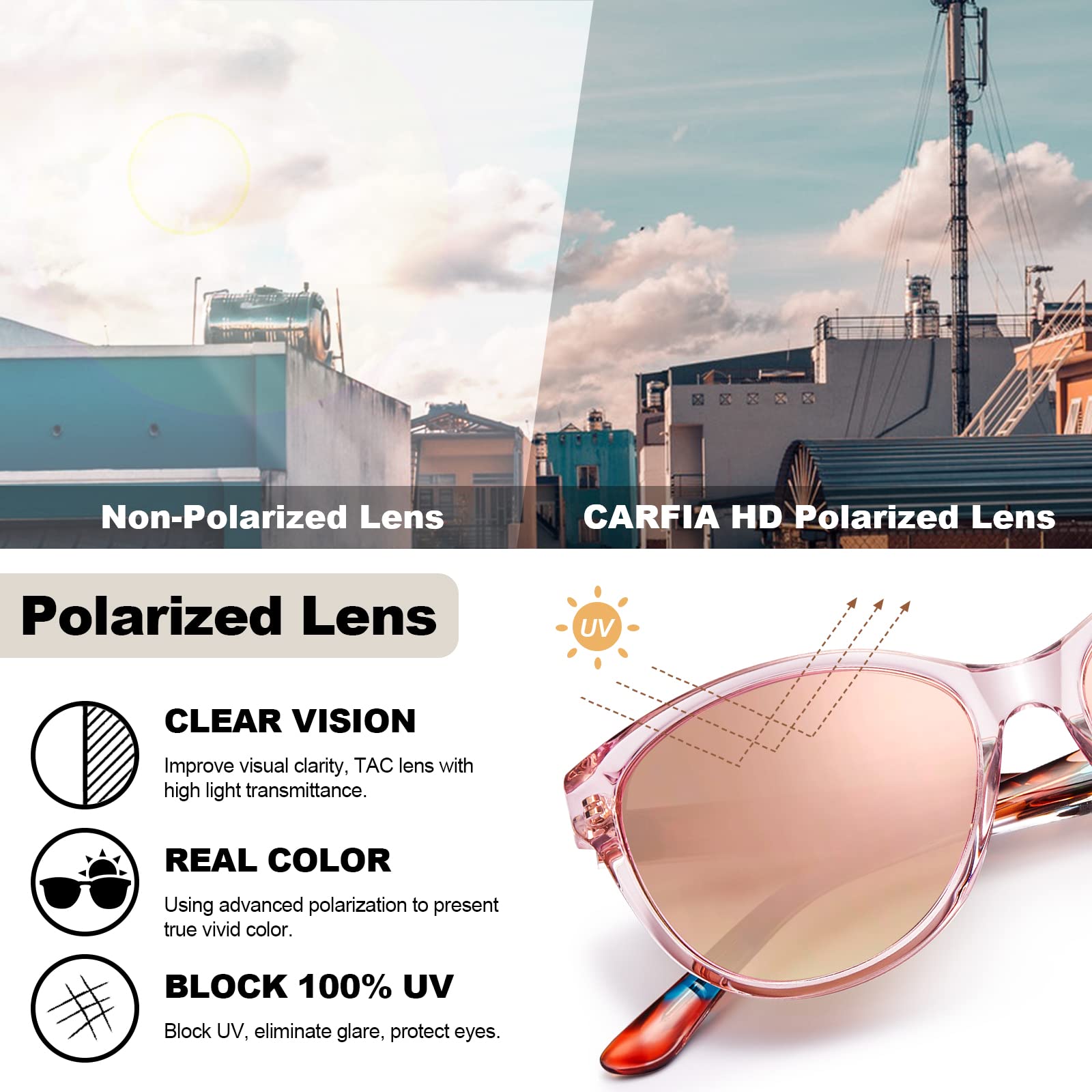CARFIA Cateye Polarized Sunglasses for Women UV Protection, Italy Handcrafted Acetate Frame with Embossed Pattern Wire Core