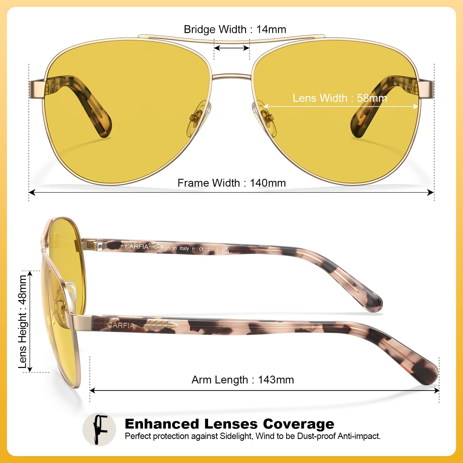 CARFIA Pilot Night Driving Glasses for Women Men, Trendy Night Vision Goggles Reduce Glare, Enhance Clarity for Safety CA3216