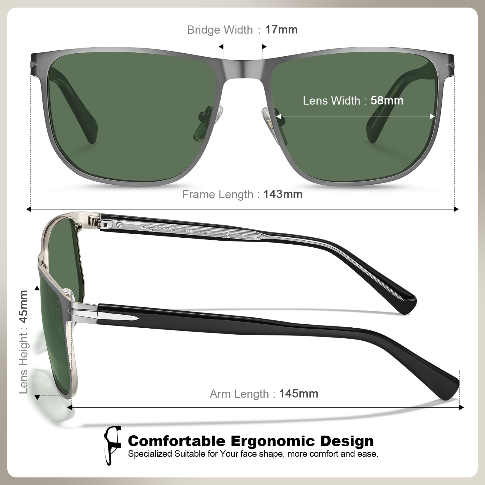 CARFIA Metal Men's Sunglasses Polarized Retro Elites Style, Durable Al-Mg Large Frame, Driving Golf Glasses