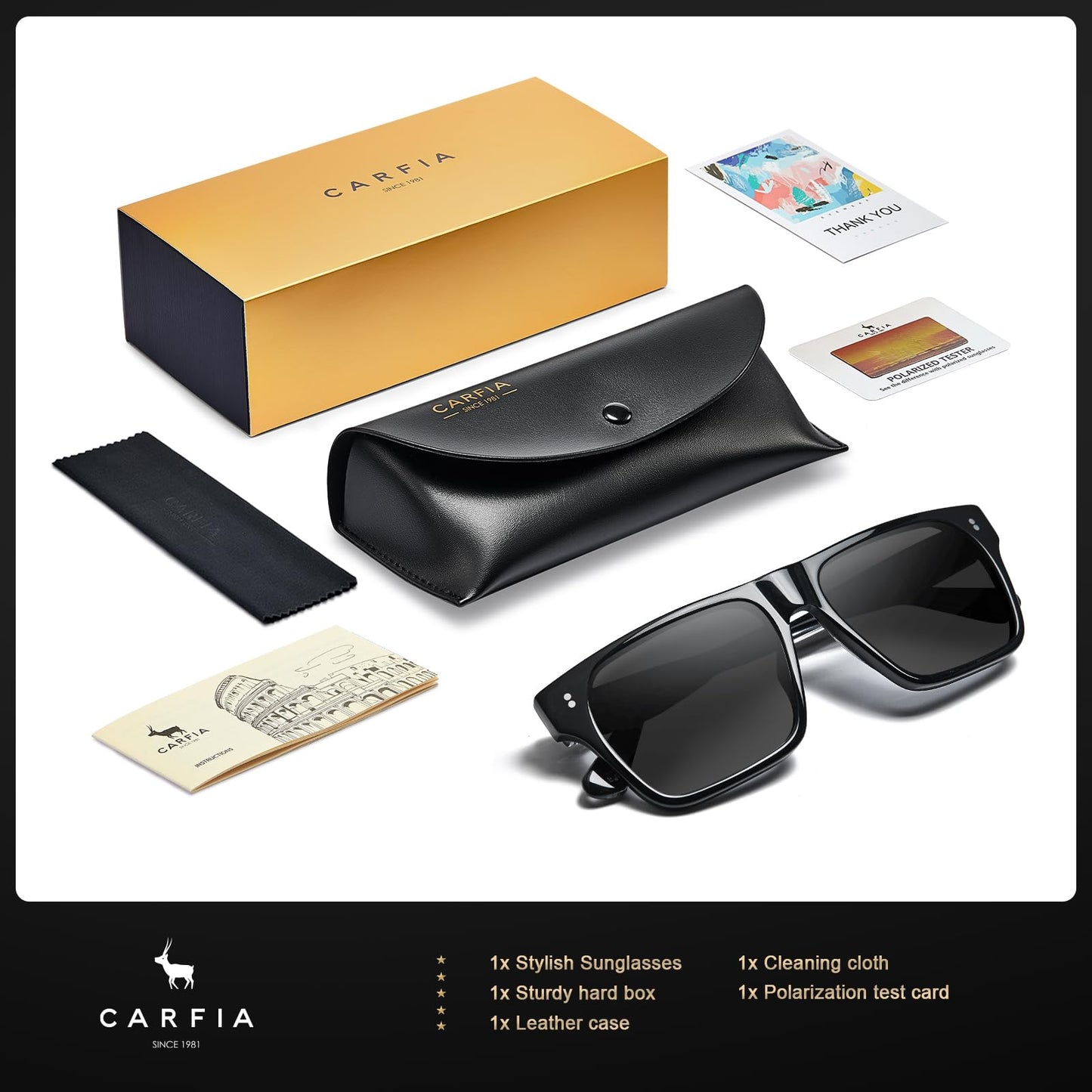 CARFIA Acetate Sunglasses for Men Polarized UV400 Protection Modern Flat Large Wrap Square Driving Glasses