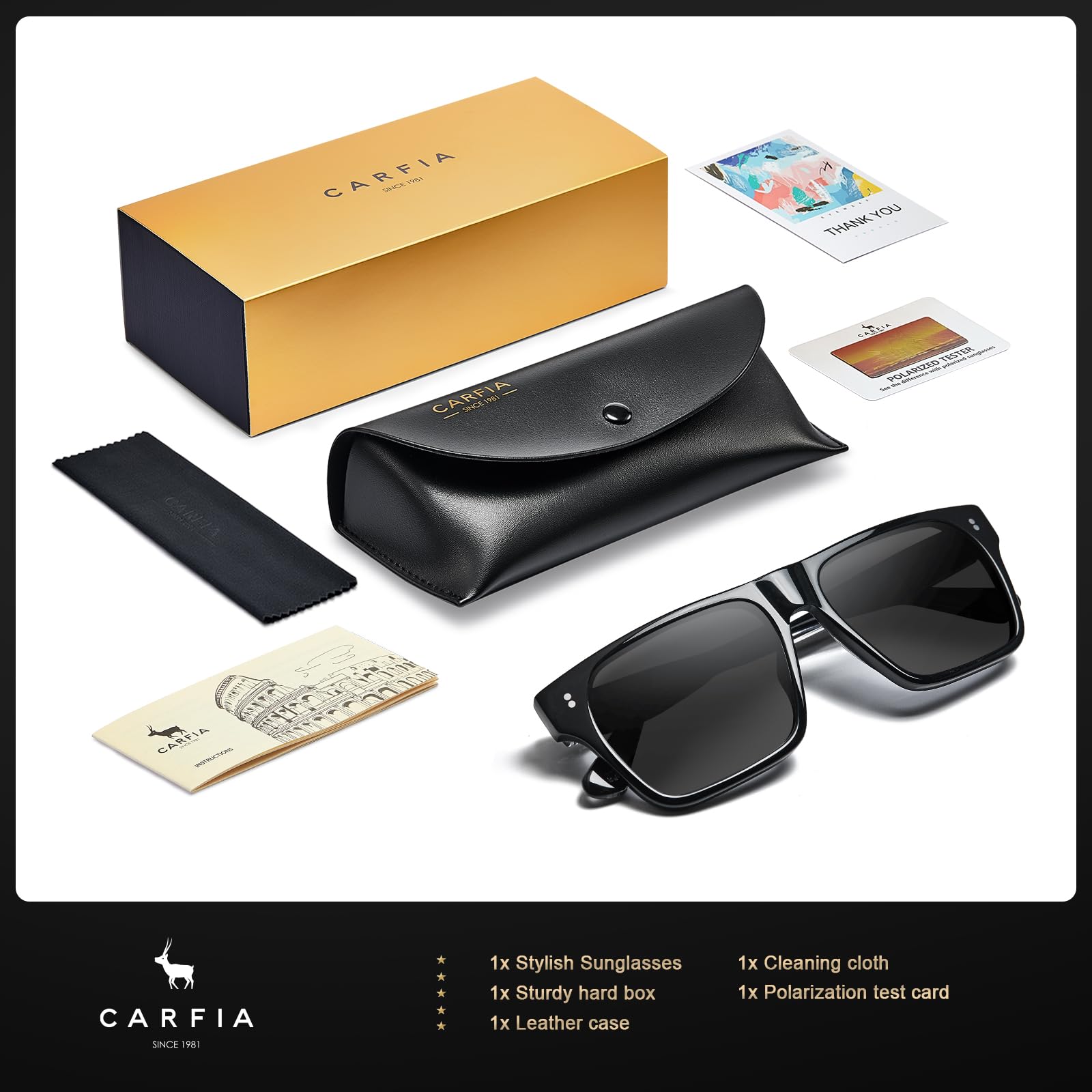 CARFIA Acetate Sunglasses for Men Polarized UV400 Protection Modern Flat Large Wrap Square Driving Glasses