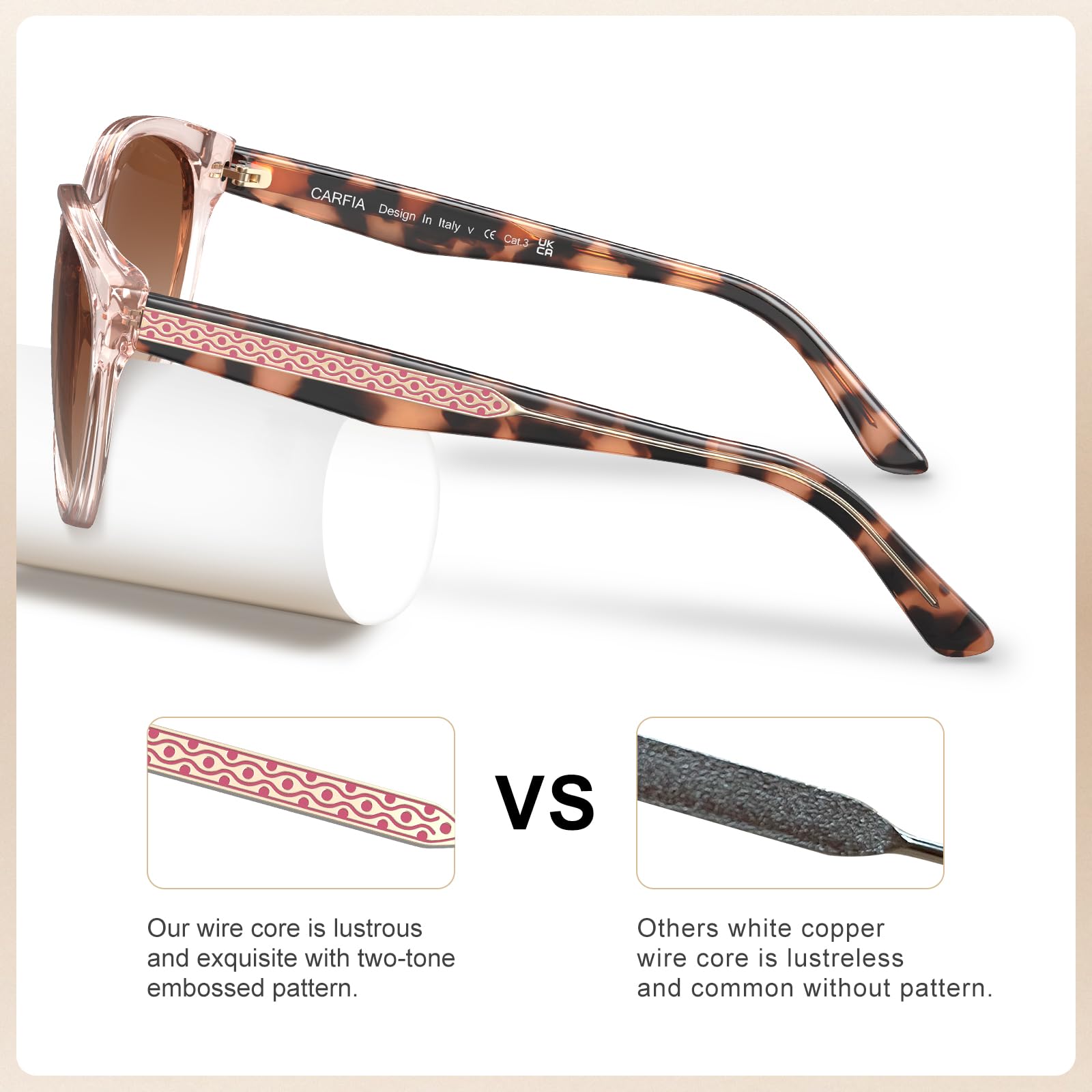 CARFIA Cateye Polarized Sunglasses for Women UV Protection, Italy Handcrafted Acetate Frame with Embossed Pattern Wire Core