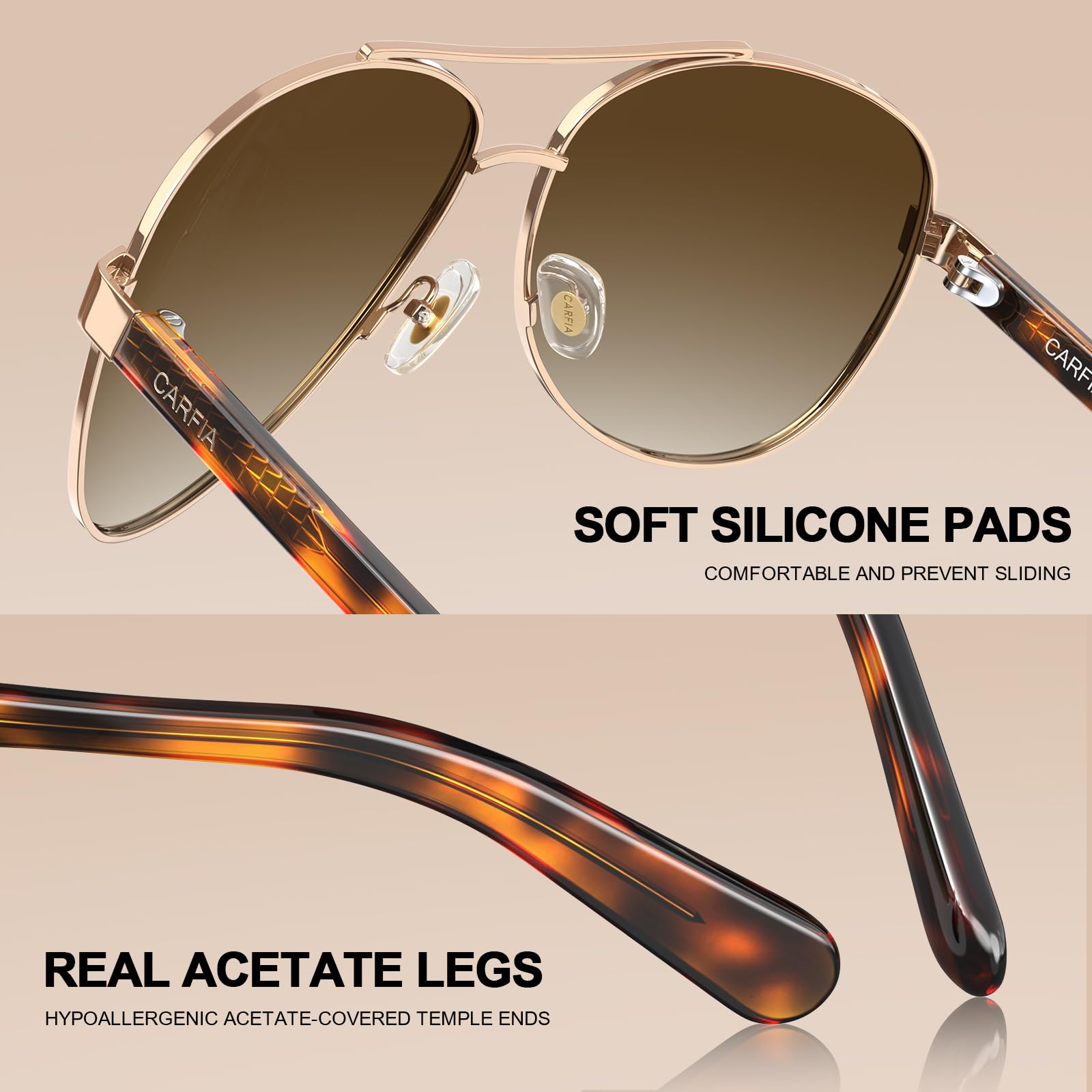 CARFIA Pilot Polarized Sunglasses for Men UV400 Protection, Acetate Tortoise Arms CA3216