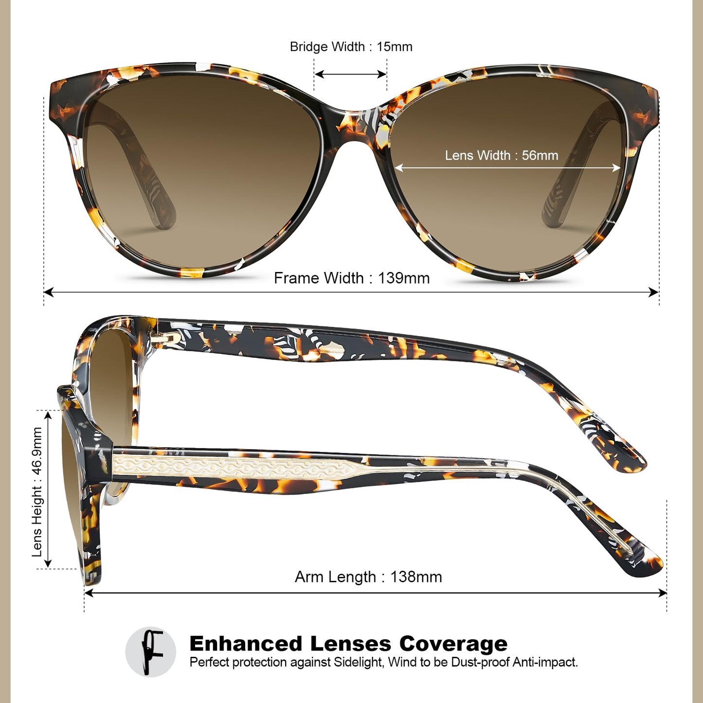CARFIA Cateye Polarized Sunglasses for Women UV Protection, Italy Handcrafted Acetate Frame with Embossed Pattern Wire Core