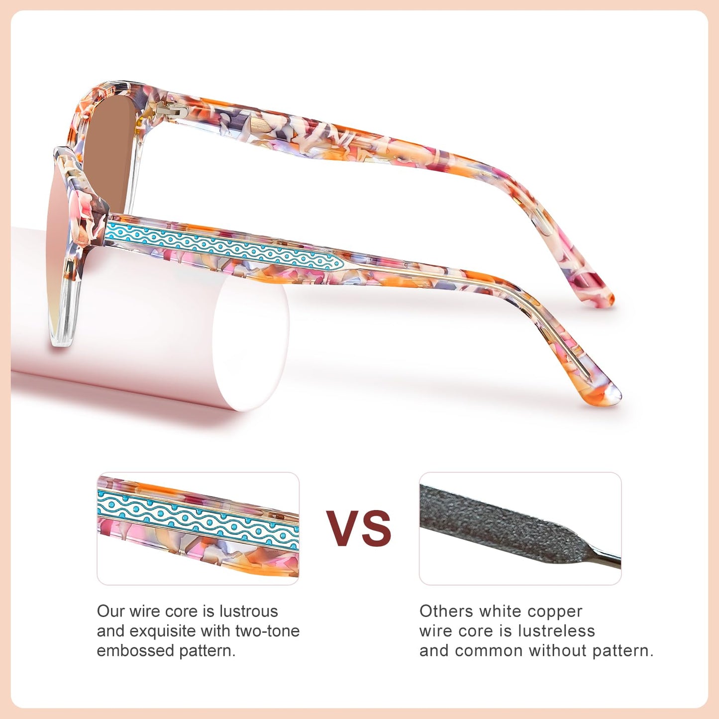 CARFIA Cateye Polarized Sunglasses for Women UV Protection, Italy Handcrafted Acetate Frame with Embossed Pattern Wire Core